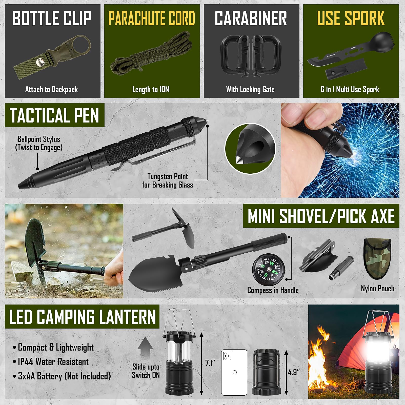 Survival Kit, 268 Pcs Emergency Survival Gear and Equipment Supplies with First Aid Kit, Camping Axe, Headlamp, Crossbody Bag for Camping Hiking, Hunting, Gift for Christmas Men, Dads, Black - The Cozy Corner