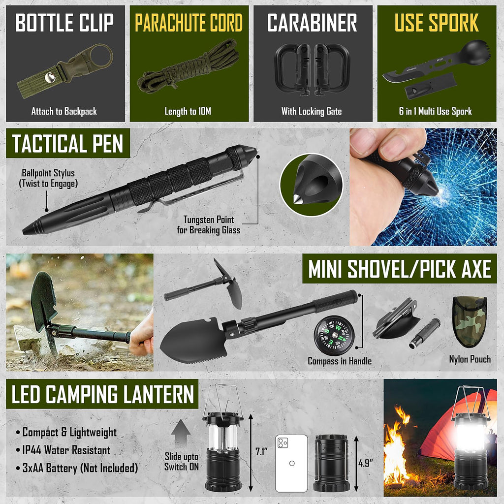 Survival Kit, 268 Pcs Emergency Survival Gear and Equipment Supplies with First Aid Kit, Camping Axe, Headlamp, Crossbody Bag for Camping Hiking, Hunting, Gift for Christmas Men, Dads, Black - The Cozy Corner