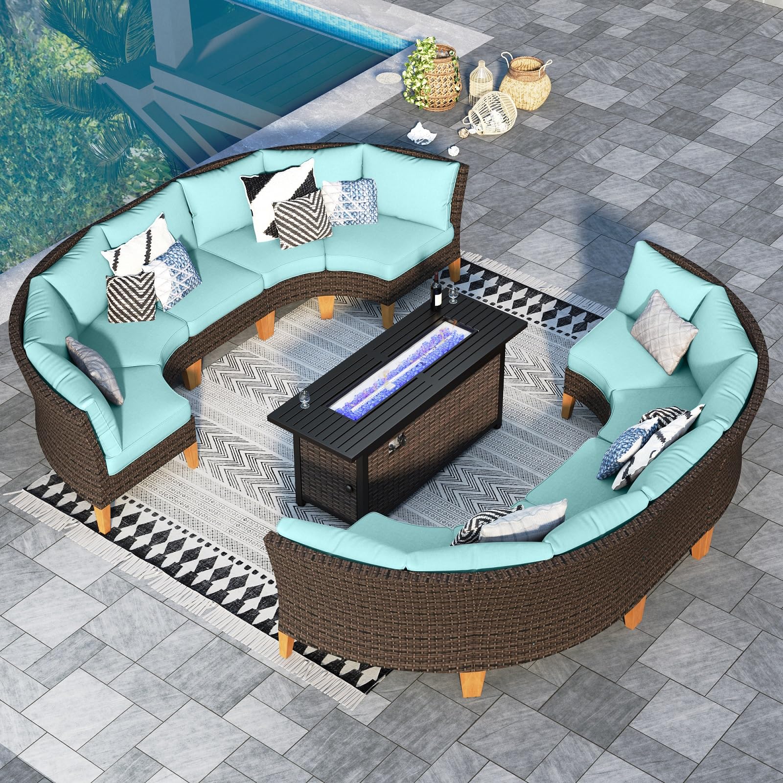 Sophia & William Patio Furniture Set with Fire Pit Table, 8 Piece Half Moon Outdoor Wicker Sectional Sofa Set, Rattan Conversation Set with 56 - Inch Fire Pit Table & Ottoman (Aqua Blue) - The Cozy Corner