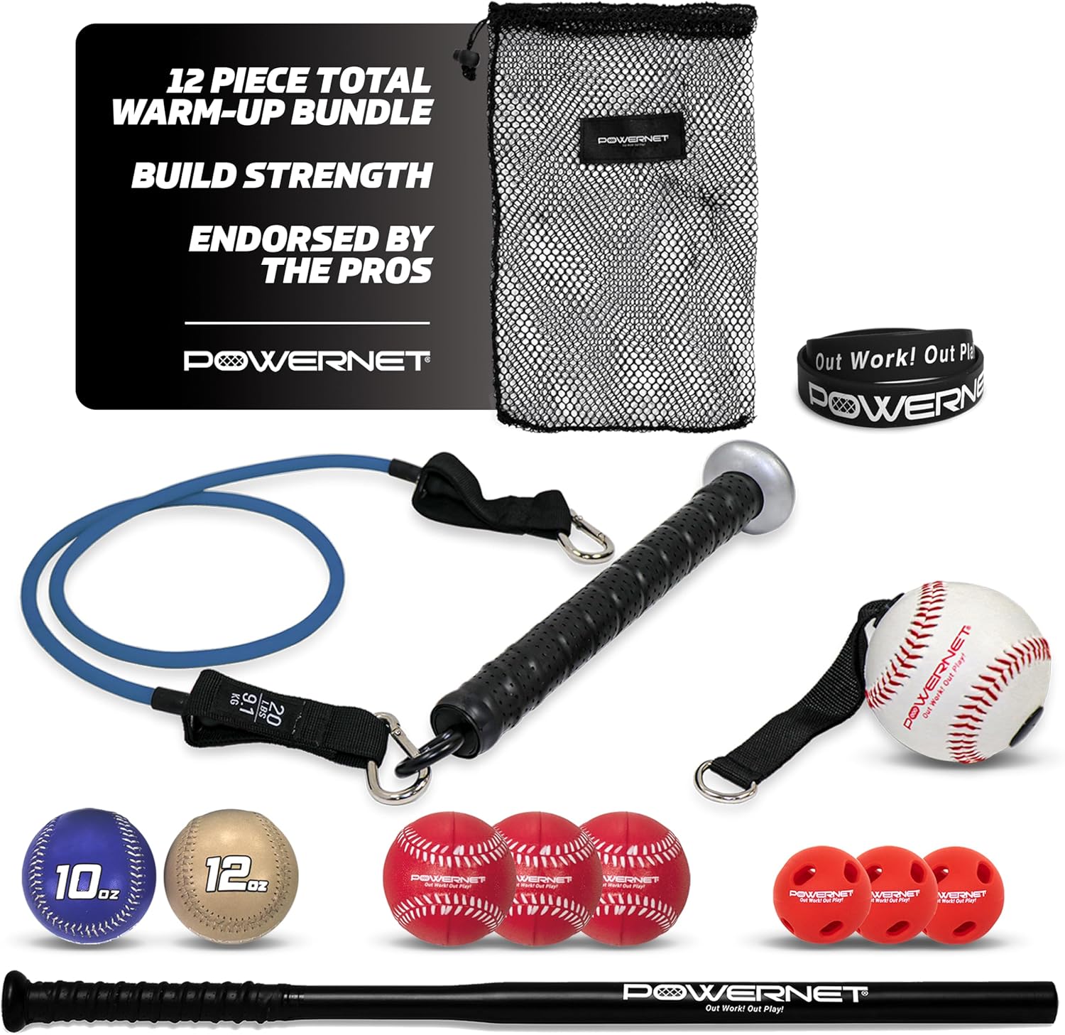 PowerNet Warm - Up Bundle, Resistance Band with 3 Different Grips, 2 Weighted Baseballs, 3 Micro Crushers, 3 Foam Tech Utility Training Balls & Bat Accelerator, Softball & Baseball Training Equipment - The Cozy Corner