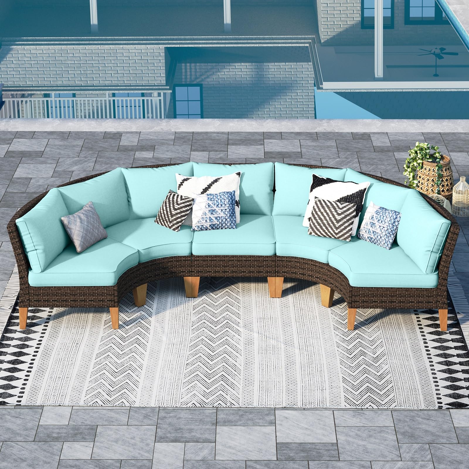 Sophia & William Patio Furniture Set with Fire Pit Table, 8 Piece Half Moon Outdoor Wicker Sectional Sofa Set, Rattan Conversation Set with 56 - Inch Fire Pit Table & Ottoman (Aqua Blue) - The Cozy Corner