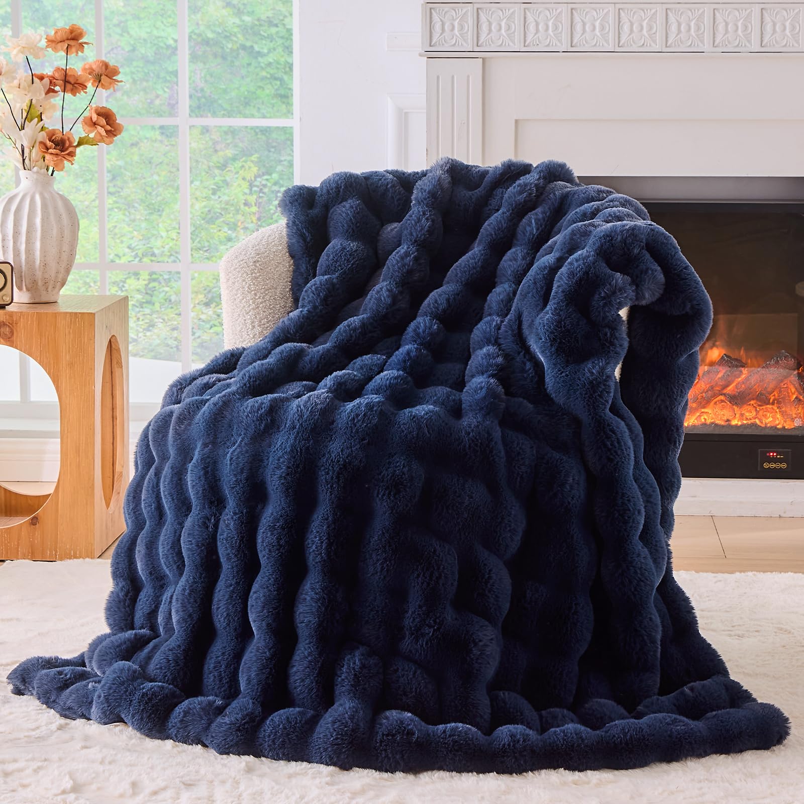 BENVWE Fluffy Faux Fur Throw Blanket for Couch, Soft Plush Thick Cozy Fuzzy Luxury Minky Bubble Blanket for Home Living Room Decor Gift for Women, Navy Blue, 63" x 80", 1100GSM - The Cozy Corner