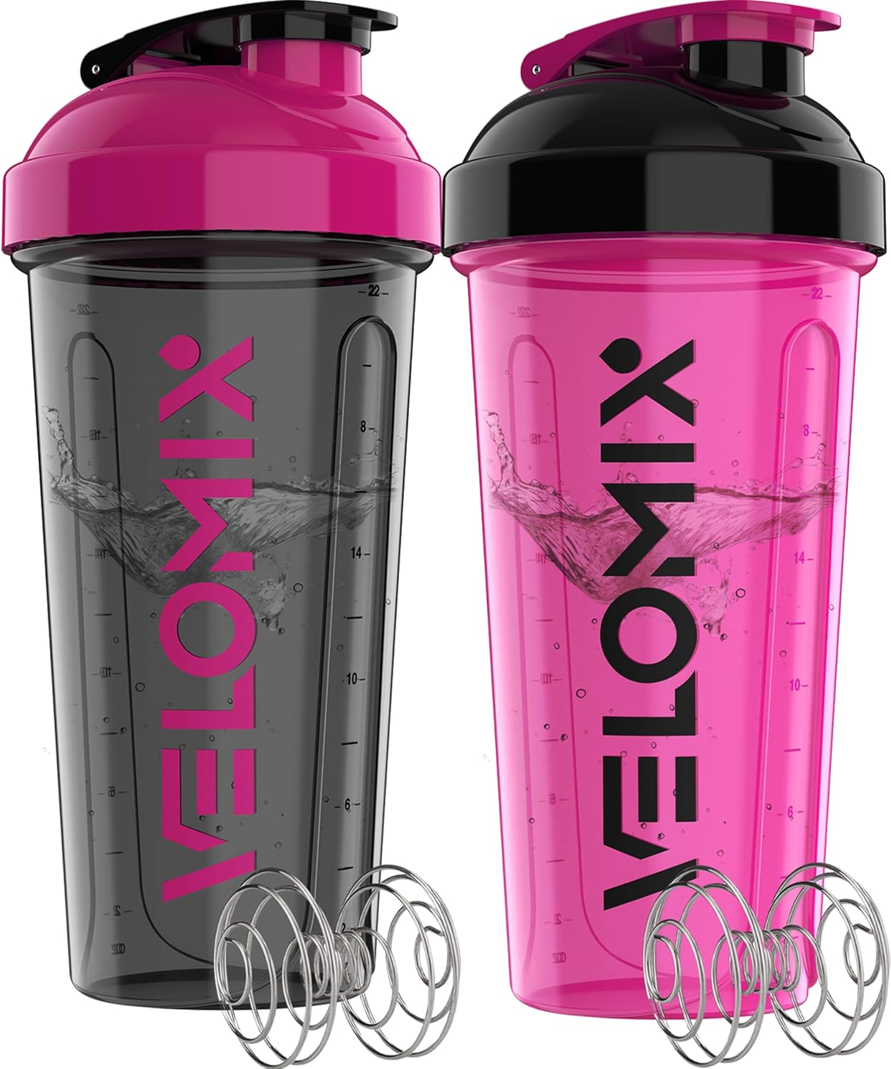 VELOMIX - 2 Pack - 28 oz Protein Shaker Bottles for Protein Mixes - 2x Wire Whisk | Leak Proof Shaker Cups for Protein Shakes | Protein Shaker Bottle Pack (Black/Transparent) - The Cozy Corner