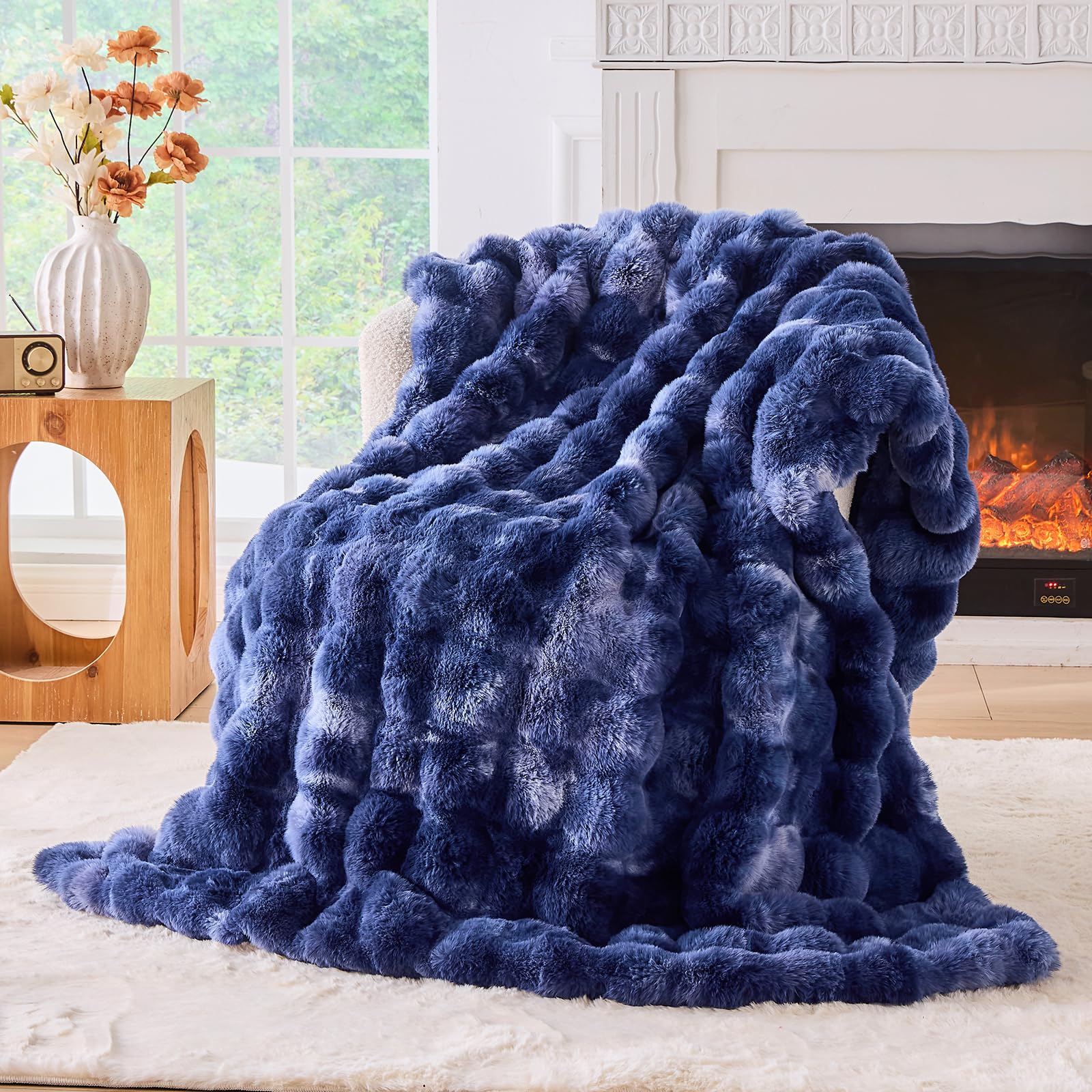 BENVWE Fluffy Faux Fur Throw Blanket for Couch, Soft Plush Thick Cozy Fuzzy Luxury Minky Bubble Blanket for Home Living Room Decor Gift for Women, Navy Blue, 63" x 80", 1100GSM - The Cozy Corner