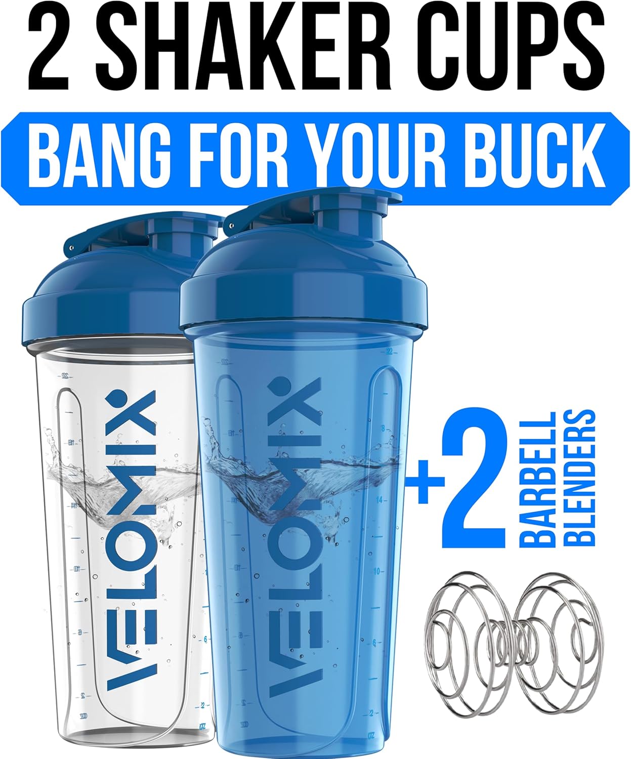 VELOMIX - 2 Pack - 28 oz Protein Shaker Bottles for Protein Mixes - 2x Wire Whisk | Leak Proof Shaker Cups for Protein Shakes | Protein Shaker Bottle Pack (Black/Transparent) - The Cozy Corner
