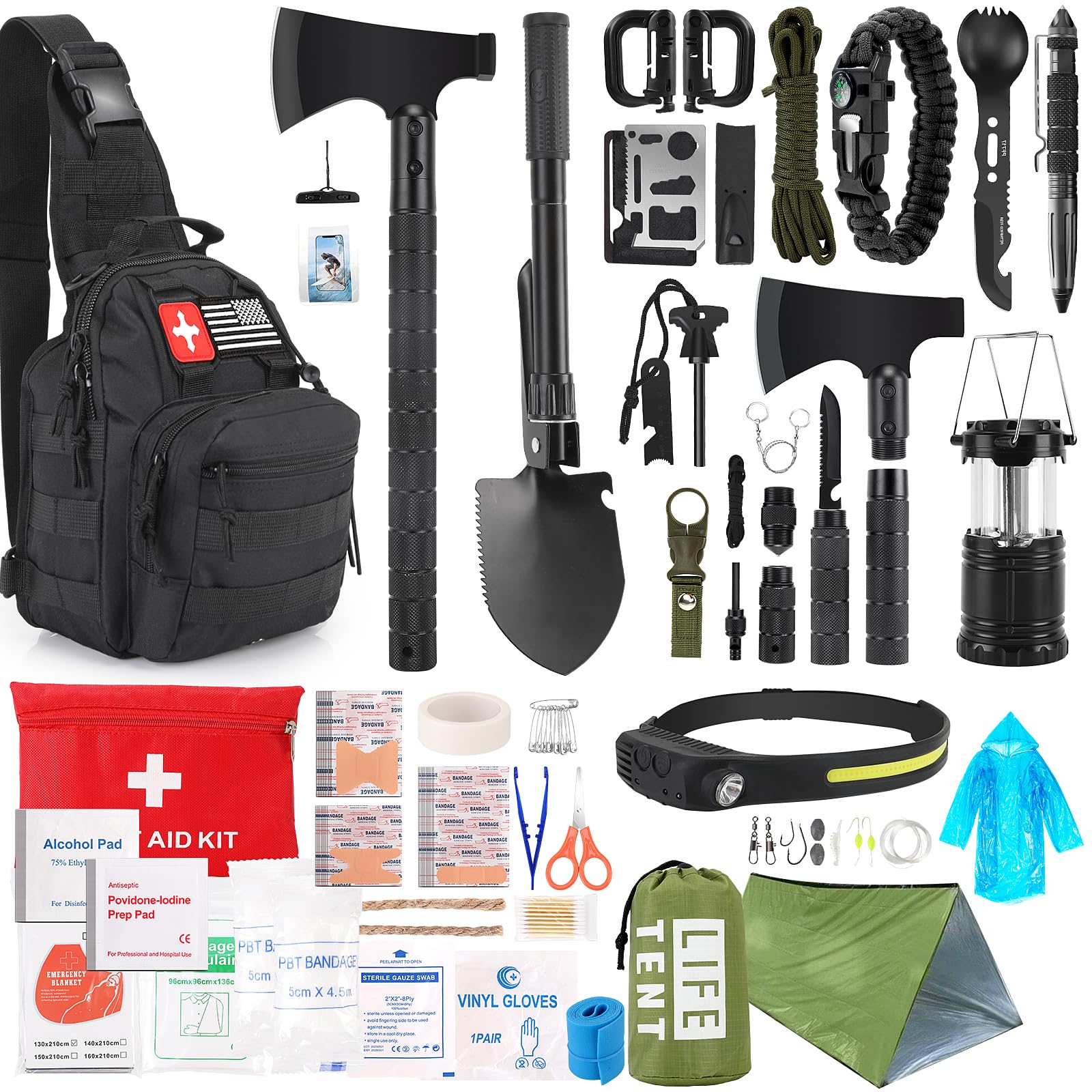 Survival Kit, 268 Pcs Emergency Survival Gear and Equipment Supplies with First Aid Kit, Camping Axe, Headlamp, Crossbody Bag for Camping Hiking, Hunting, Gift for Christmas Men, Dads, Black - The Cozy Corner
