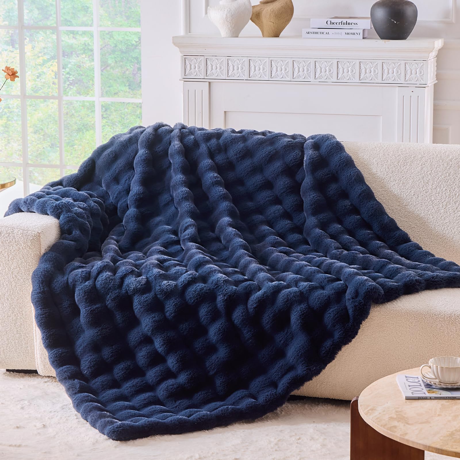 BENVWE Fluffy Faux Fur Throw Blanket for Couch, Soft Plush Thick Cozy Fuzzy Luxury Minky Bubble Blanket for Home Living Room Decor Gift for Women, Navy Blue, 63" x 80", 1100GSM - The Cozy Corner