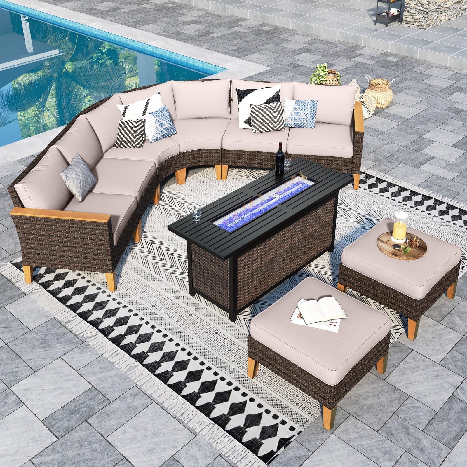 Sophia & William Patio Furniture Set with Fire Pit Table, 8 Piece Half Moon Outdoor Wicker Sectional Sofa Set, Rattan Conversation Set with 56 - Inch Fire Pit Table & Ottoman (Aqua Blue) - The Cozy Corner