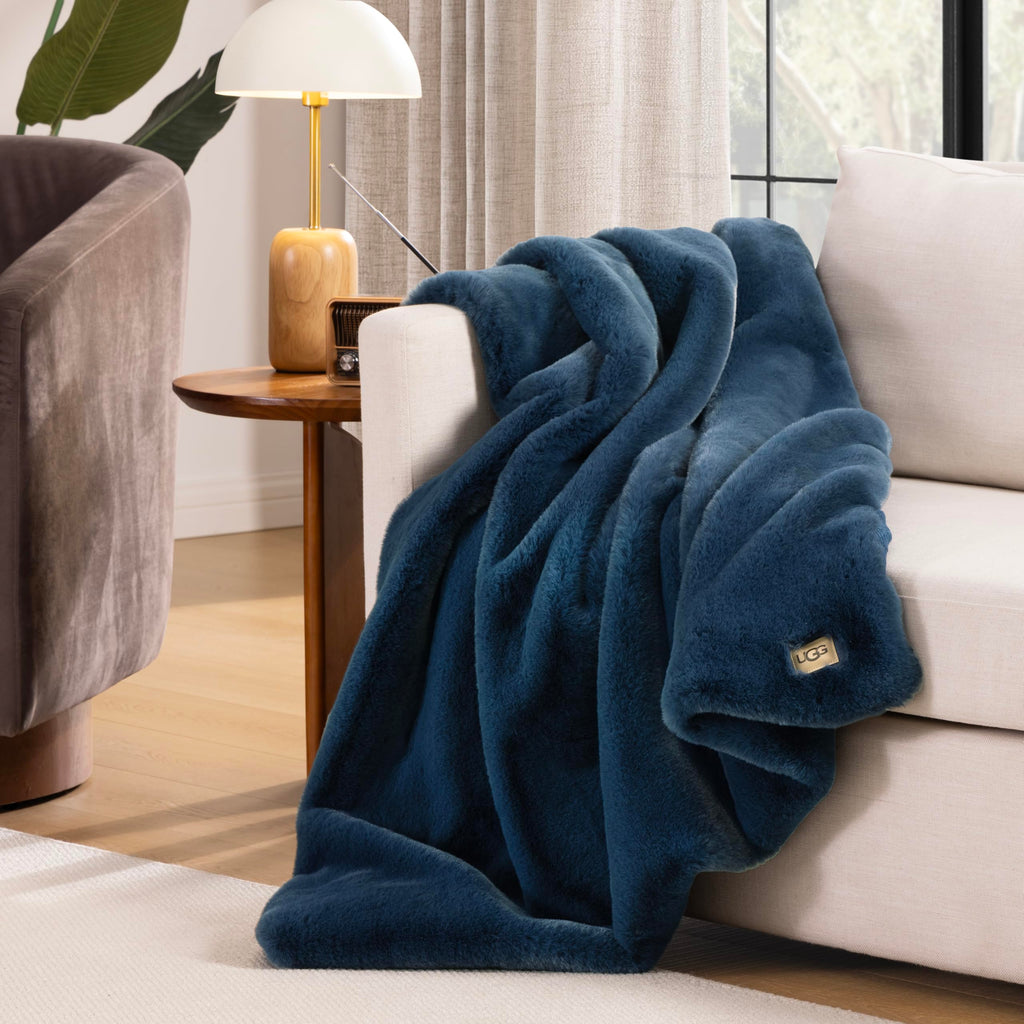 UGG Euphoria Faux Fur Throw Blanket, Oversized Soft Throw for Couch or Bed, Luxury Room Decor, Giftable Fuzzy Blankets, Machine Washable, 50 - inch x 70 - inch, Chambray Blue Grey - The Cozy Corner