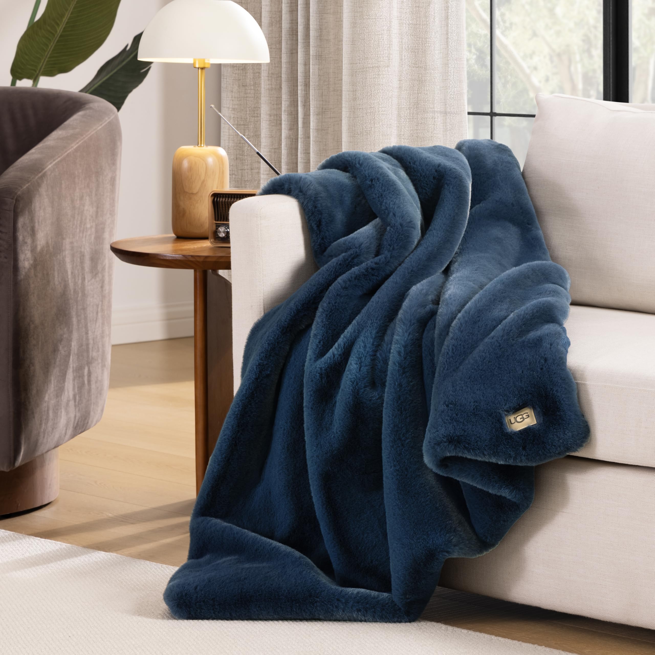 UGG Euphoria Faux Fur Throw Blanket, Oversized Soft Throw for Couch or Bed, Luxury Room Decor, Giftable Fuzzy Blankets, Machine Washable, 50 - inch x 70 - inch, Chambray Blue Grey - The Cozy Corner