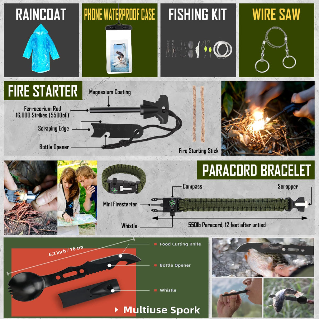 Survival Kit, 268 Pcs Emergency Survival Gear and Equipment Supplies with First Aid Kit, Camping Axe, Headlamp, Crossbody Bag for Camping Hiking, Hunting, Gift for Christmas Men, Dads, Black - The Cozy Corner