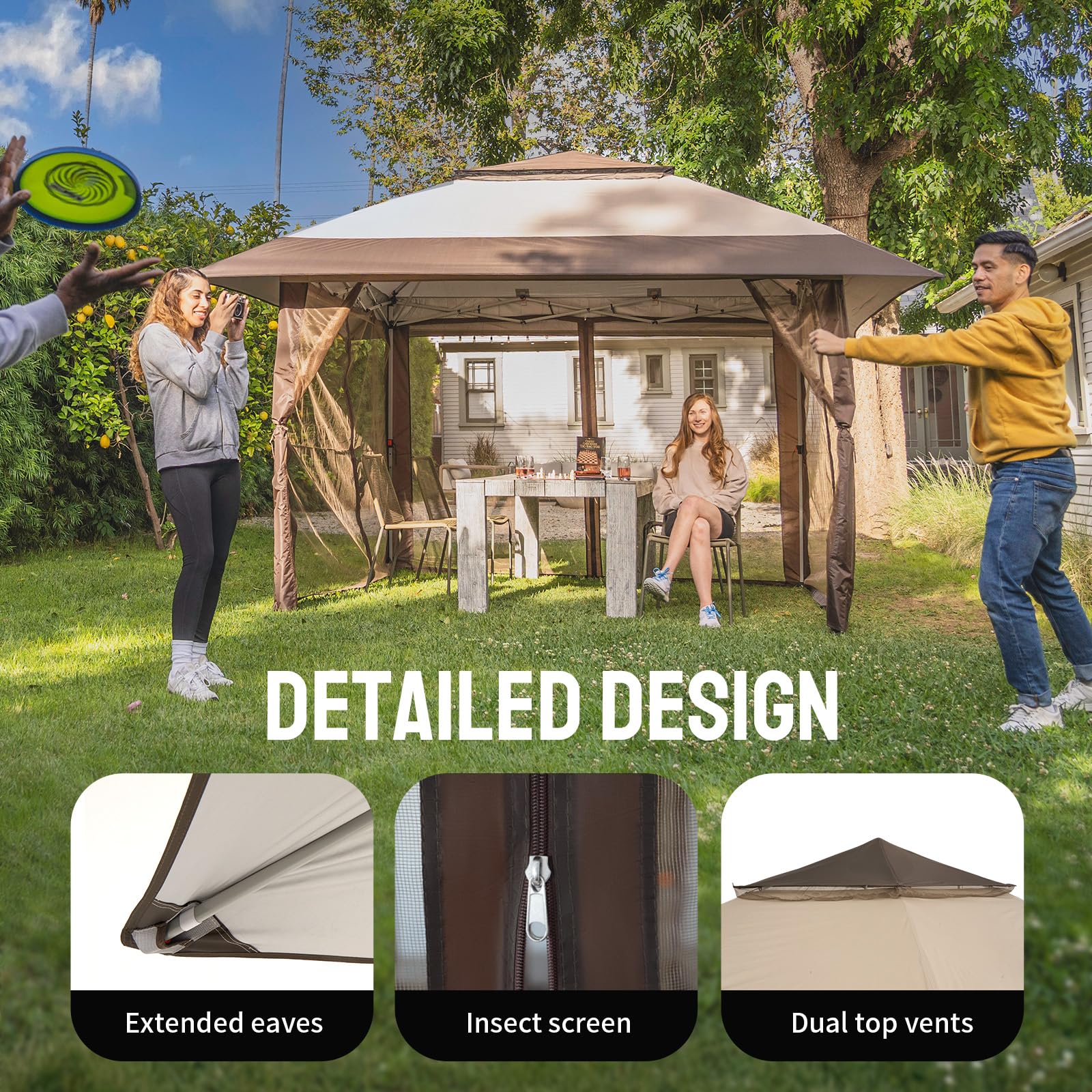 CROWN SHADES 13x13 Pop Up Gazebo, Canopy Tent, Gazebos on Clearance - Outdoor Gazebo for Backyard & Patio Furniture - Carpa Pop Up Tent with Wheeled STO - N - Go Cover Bag (Beige & Coffee) - The Cozy Corner