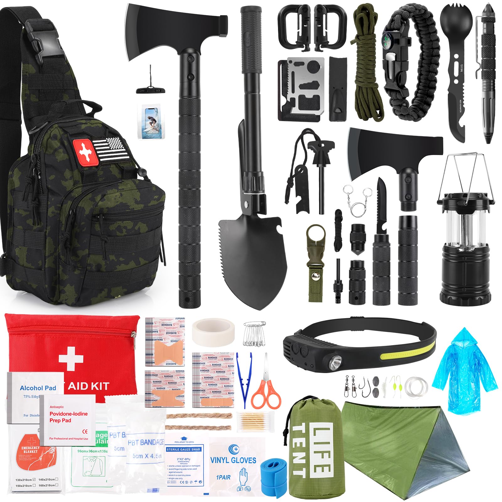 Survival Kit, 268 Pcs Emergency Survival Gear and Equipment Supplies with First Aid Kit, Camping Axe, Headlamp, Crossbody Bag for Camping Hiking, Hunting, Gift for Christmas Men, Dads, Black - The Cozy Corner
