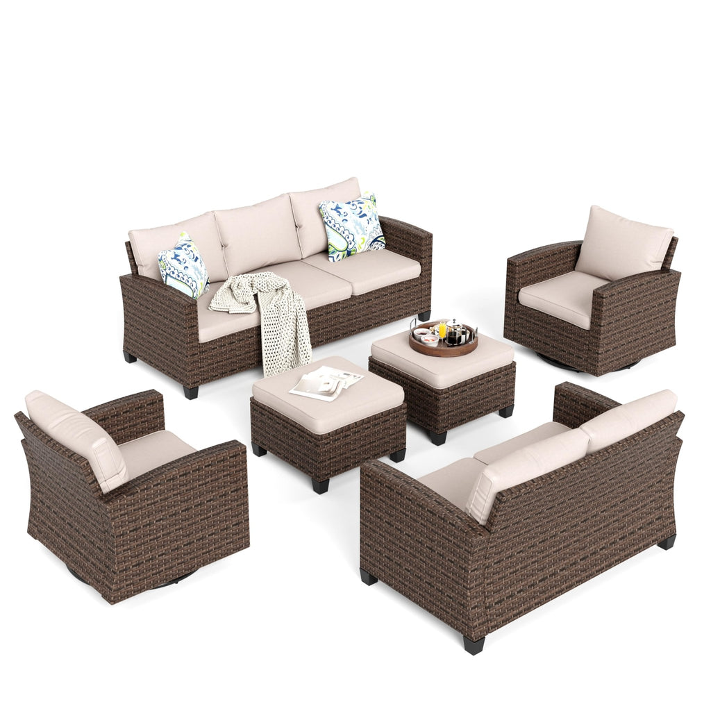 HERA'S HOUSE Patio Furniture Set with 56" Fire Pit Table, Outdoor Patio Conversation Sets, 6 Pieces 7 Seats Wicker Outside Sectional Sofa Set for Lawn Backyard Deck - The Cozy Corner