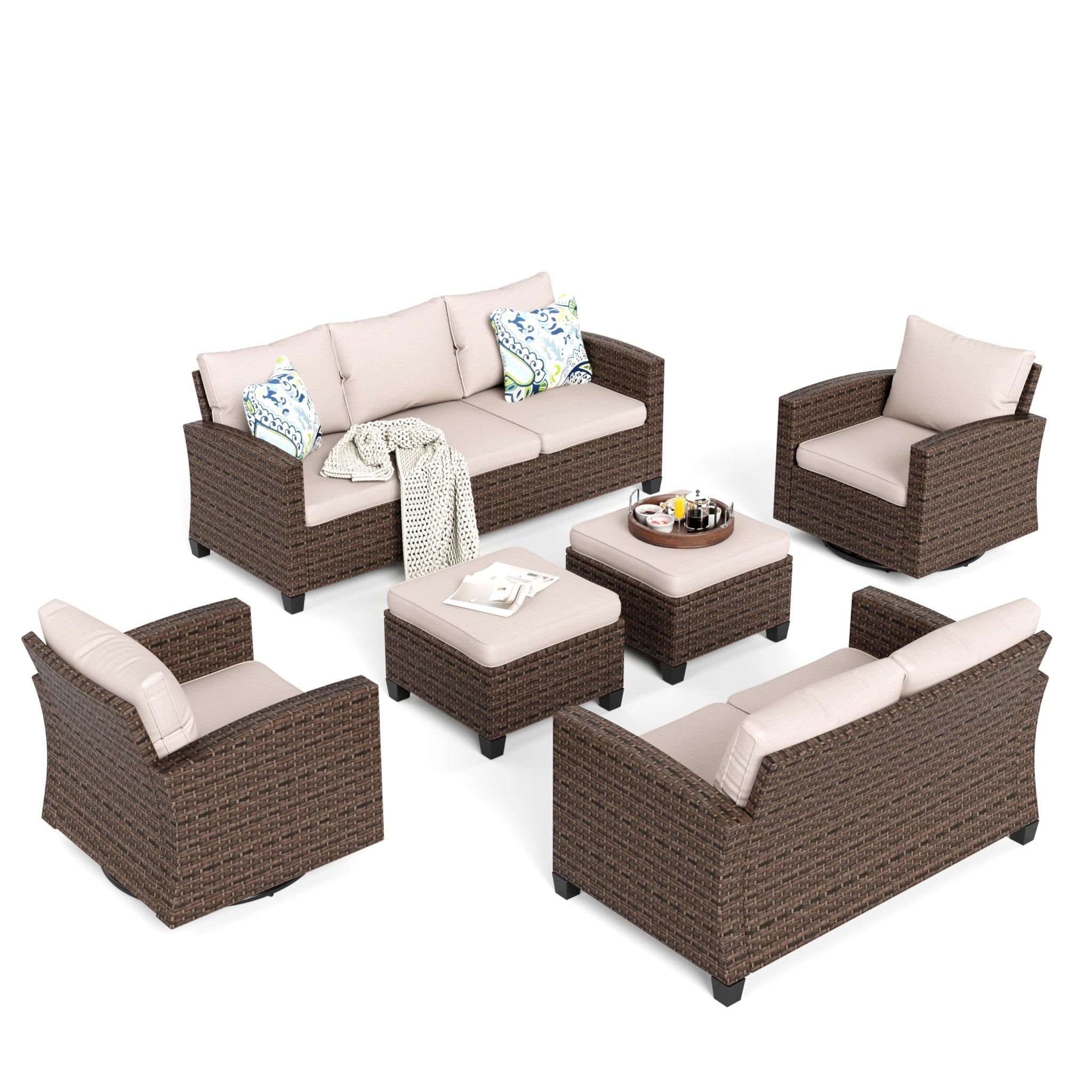 HERA'S HOUSE Patio Furniture Set with 56" Fire Pit Table, Outdoor Patio Conversation Sets, 6 Pieces 7 Seats Wicker Outside Sectional Sofa Set for Lawn Backyard Deck - The Cozy Corner