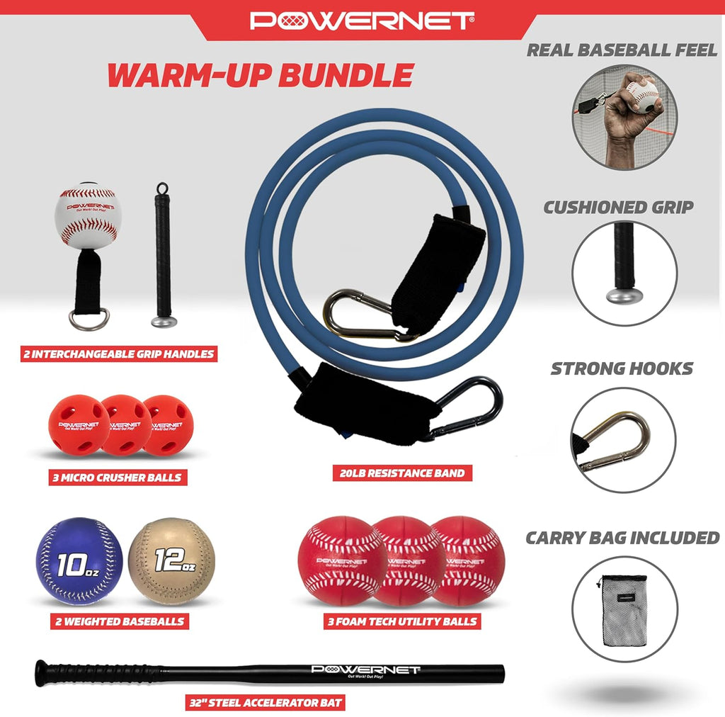 PowerNet Warm - Up Bundle, Resistance Band with 3 Different Grips, 2 Weighted Baseballs, 3 Micro Crushers, 3 Foam Tech Utility Training Balls & Bat Accelerator, Softball & Baseball Training Equipment - The Cozy Corner