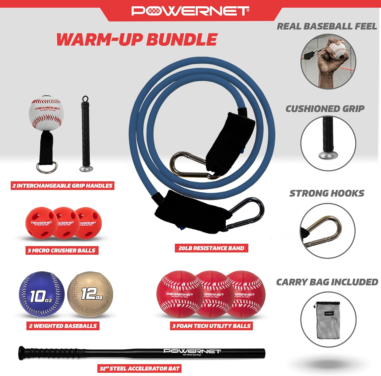 PowerNet Warm - Up Bundle, Resistance Band with 3 Different Grips, 2 Weighted Baseballs, 3 Micro Crushers, 3 Foam Tech Utility Training Balls & Bat Accelerator, Softball & Baseball Training Equipment - The Cozy Corner