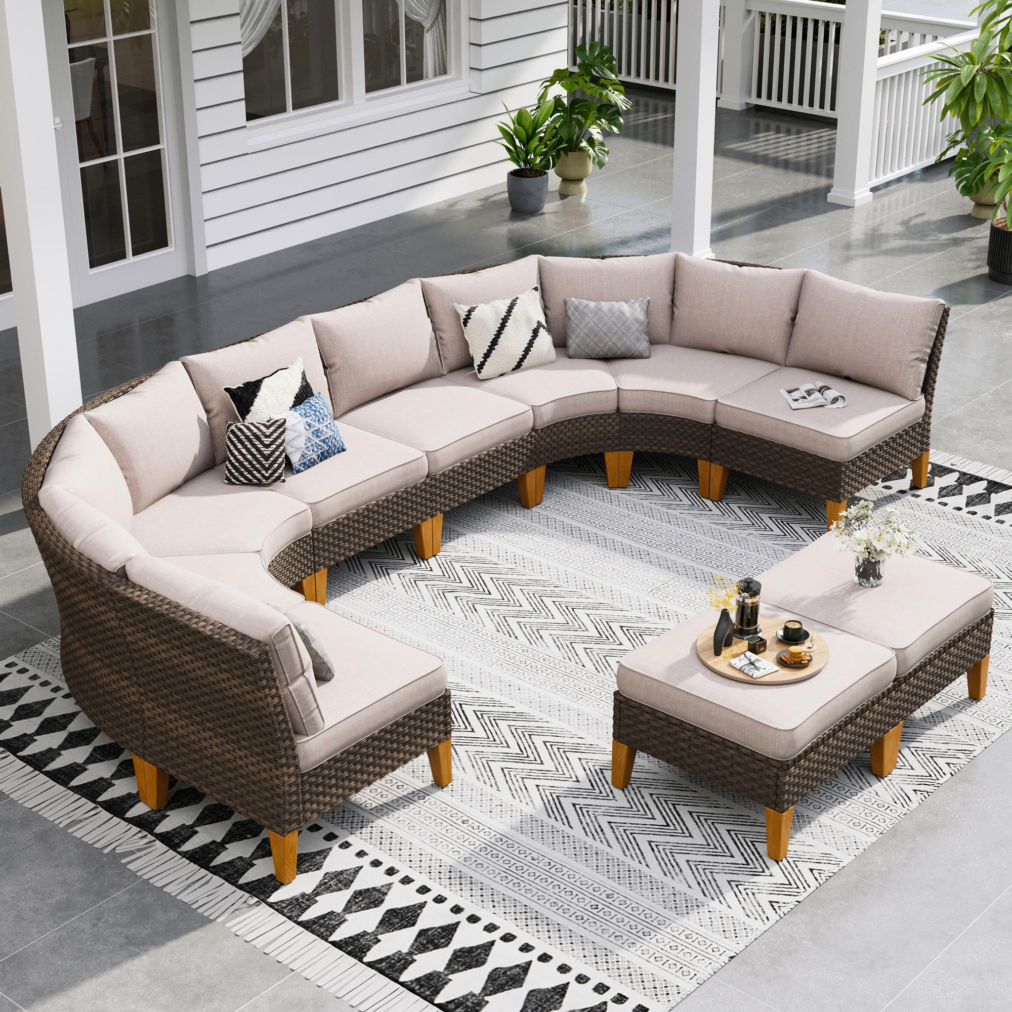 Sophia & William Patio Furniture Set with Fire Pit Table, 8 Piece Half Moon Outdoor Wicker Sectional Sofa Set, Rattan Conversation Set with 56 - Inch Fire Pit Table & Ottoman (Aqua Blue) - The Cozy Corner