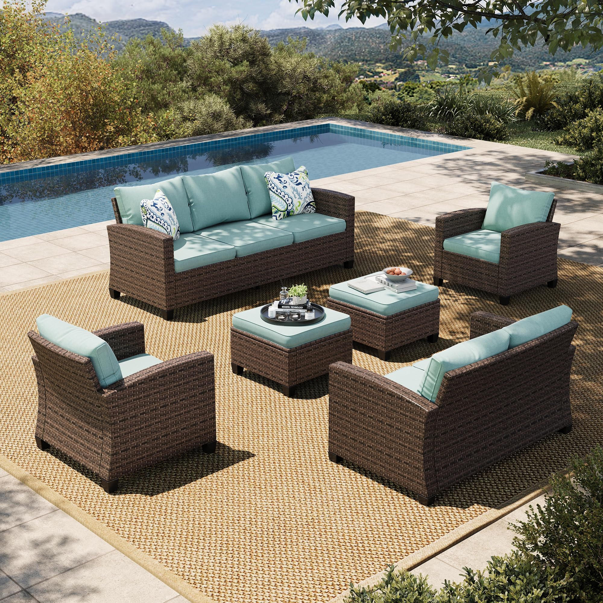 HERA'S HOUSE Patio Furniture Set with 56" Fire Pit Table, Outdoor Patio Conversation Sets, 6 Pieces 7 Seats Wicker Outside Sectional Sofa Set for Lawn Backyard Deck - The Cozy Corner
