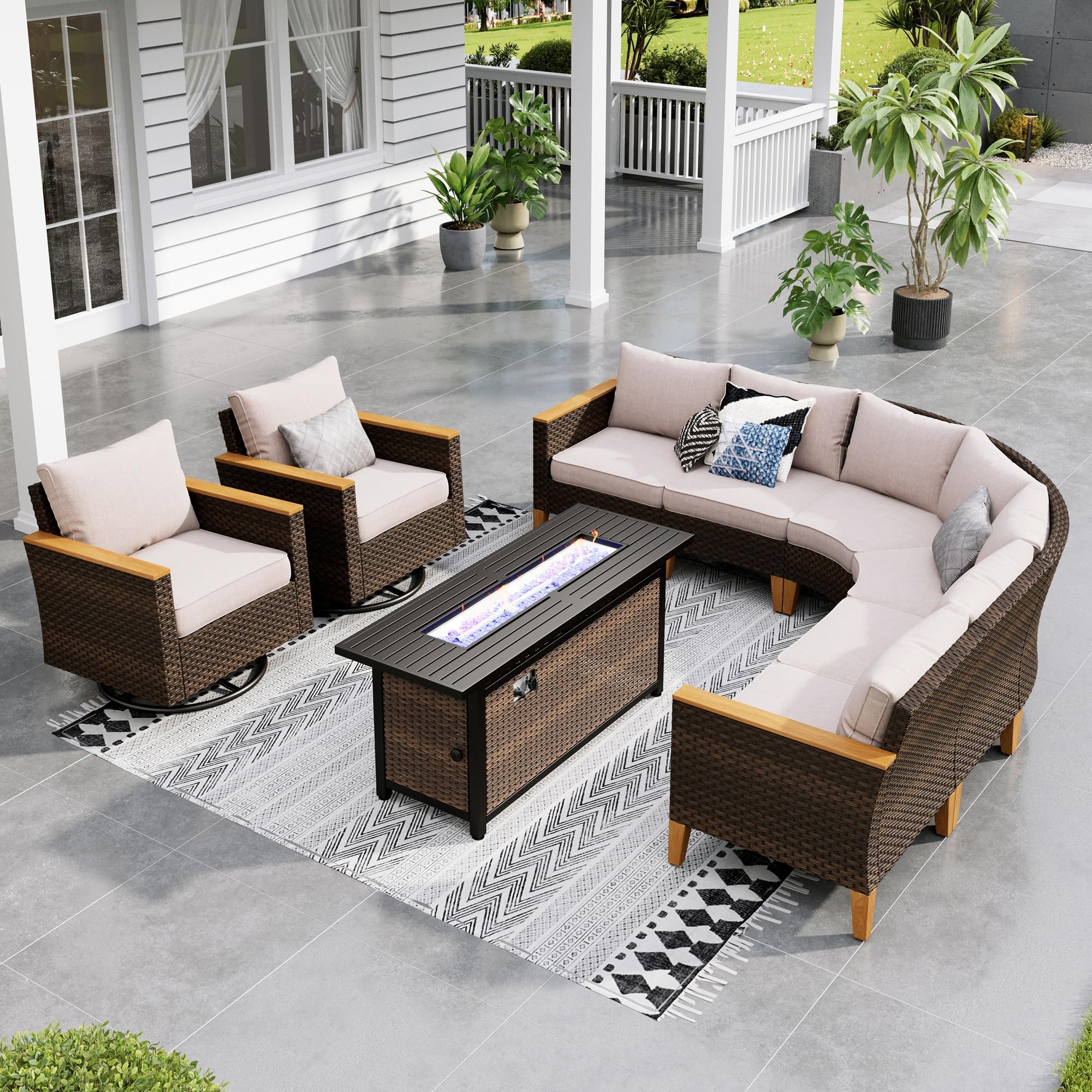 Sophia & William Patio Furniture Set with Fire Pit Table, 8 Piece Half Moon Outdoor Wicker Sectional Sofa Set, Rattan Conversation Set with 56 - Inch Fire Pit Table & Ottoman (Aqua Blue) - The Cozy Corner