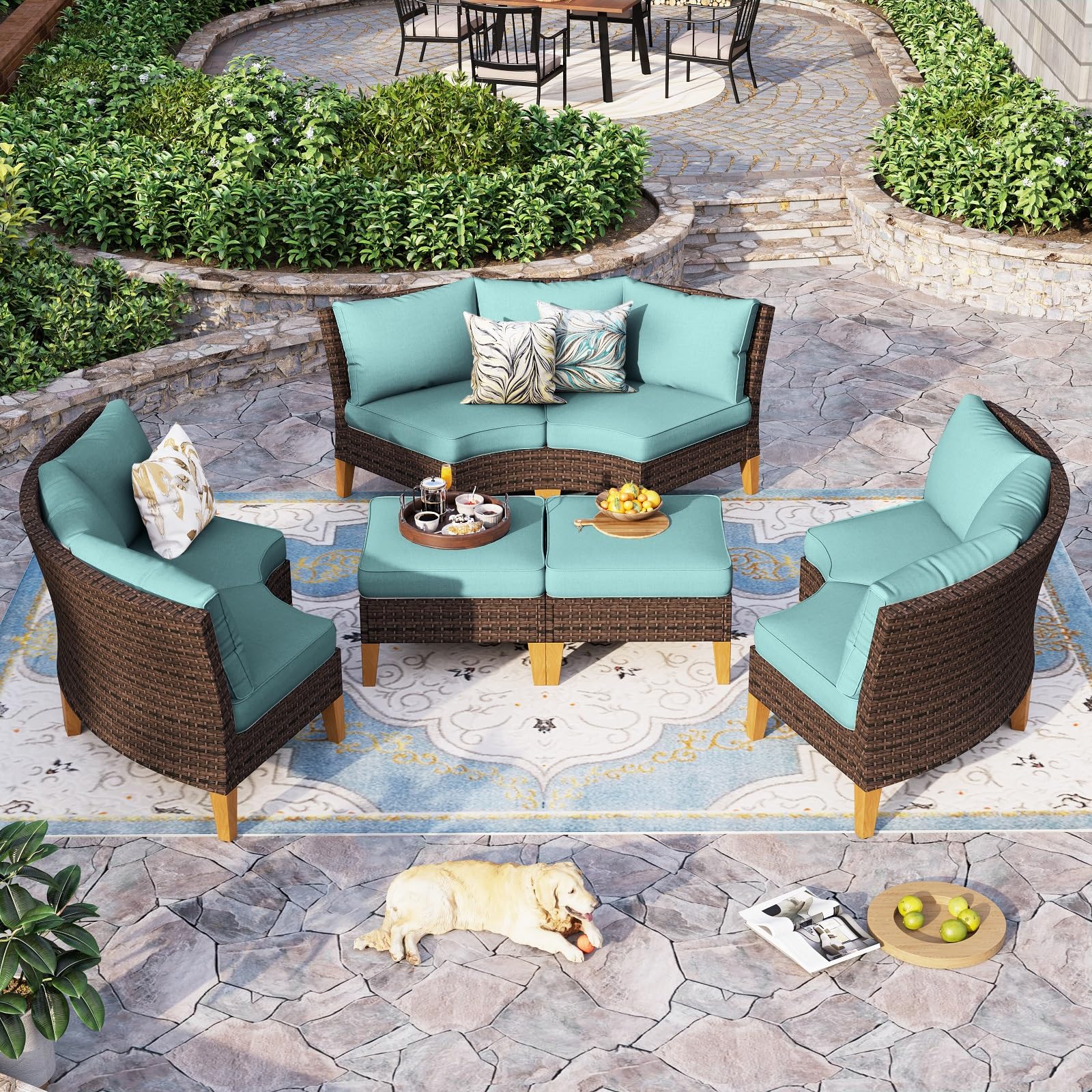 Sophia & William Patio Furniture Set with Fire Pit Table, 8 Piece Half Moon Outdoor Wicker Sectional Sofa Set, Rattan Conversation Set with 56 - Inch Fire Pit Table & Ottoman (Aqua Blue) - The Cozy Corner