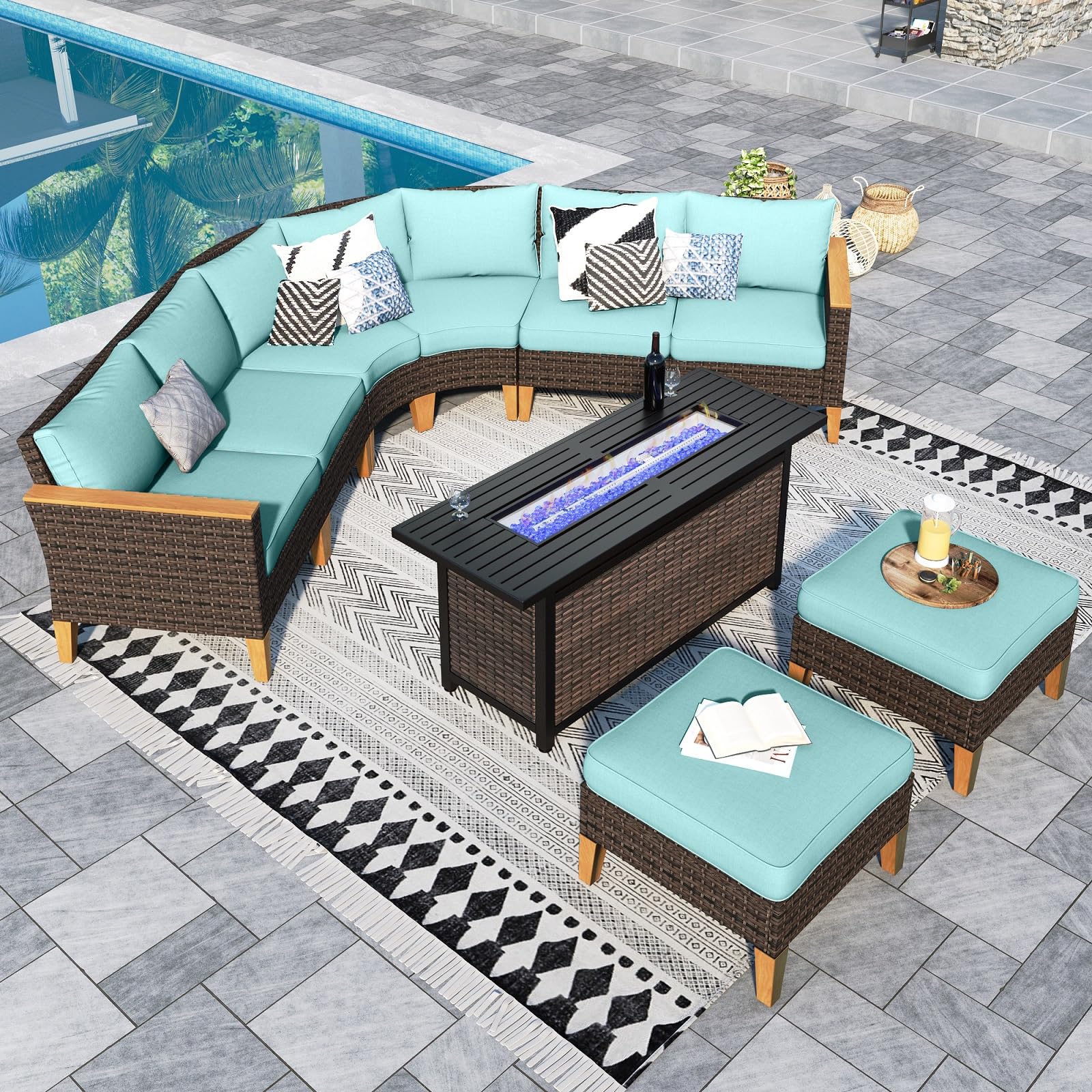 Sophia & William Patio Furniture Set with Fire Pit Table, 8 Piece Half Moon Outdoor Wicker Sectional Sofa Set, Rattan Conversation Set with 56 - Inch Fire Pit Table & Ottoman (Aqua Blue) - The Cozy Corner
