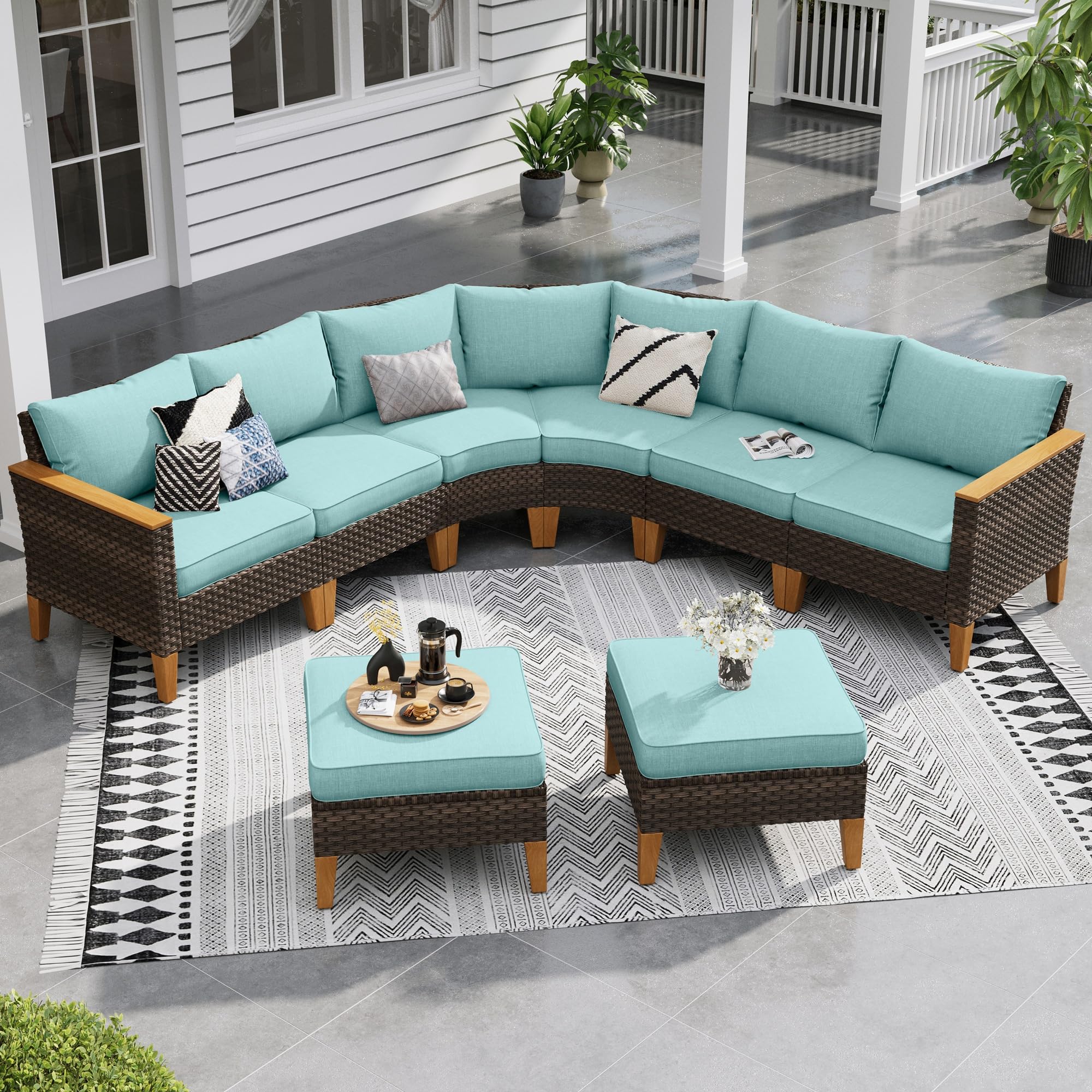 Sophia & William Patio Furniture Set with Fire Pit Table, 8 Piece Half Moon Outdoor Wicker Sectional Sofa Set, Rattan Conversation Set with 56 - Inch Fire Pit Table & Ottoman (Aqua Blue) - The Cozy Corner