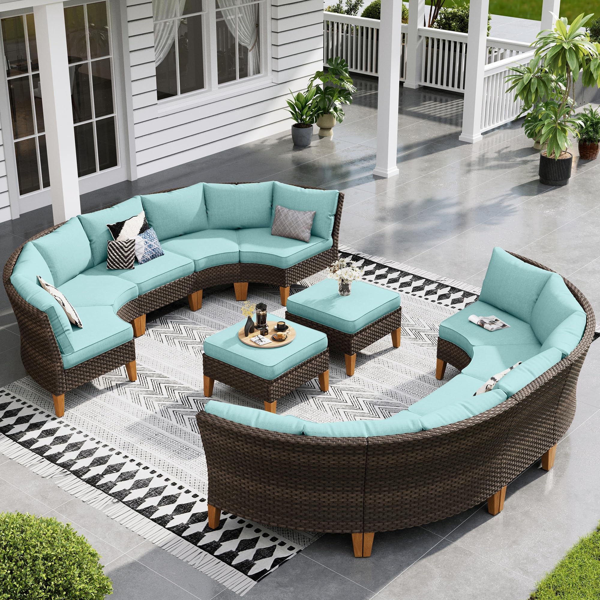 Sophia & William Patio Furniture Set with Fire Pit Table, 8 Piece Half Moon Outdoor Wicker Sectional Sofa Set, Rattan Conversation Set with 56 - Inch Fire Pit Table & Ottoman (Aqua Blue) - The Cozy Corner
