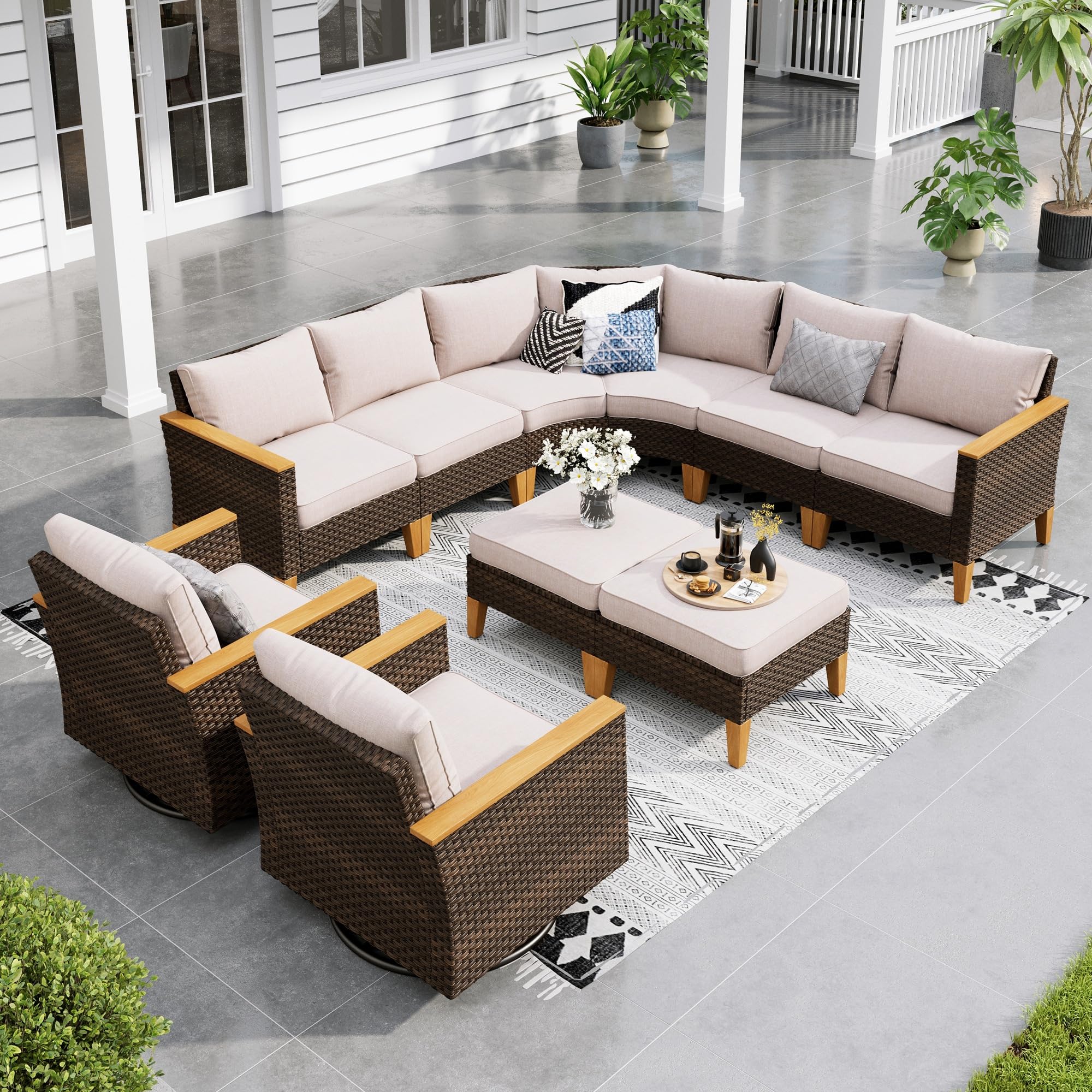 Sophia & William Patio Furniture Set with Fire Pit Table, 8 Piece Half Moon Outdoor Wicker Sectional Sofa Set, Rattan Conversation Set with 56 - Inch Fire Pit Table & Ottoman (Aqua Blue) - The Cozy Corner