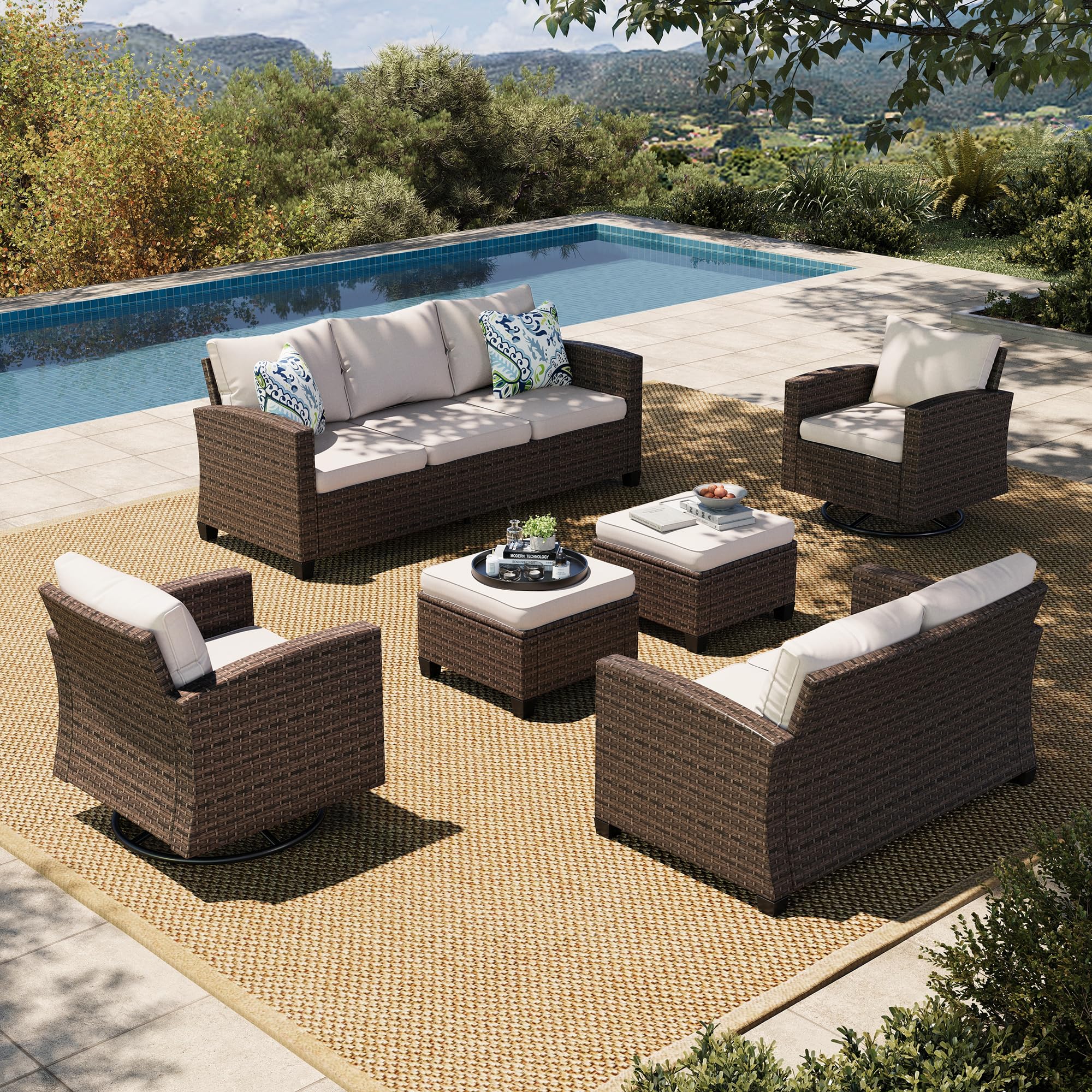 HERA'S HOUSE Patio Furniture Set with 56" Fire Pit Table, Outdoor Patio Conversation Sets, 6 Pieces 7 Seats Wicker Outside Sectional Sofa Set for Lawn Backyard Deck - The Cozy Corner