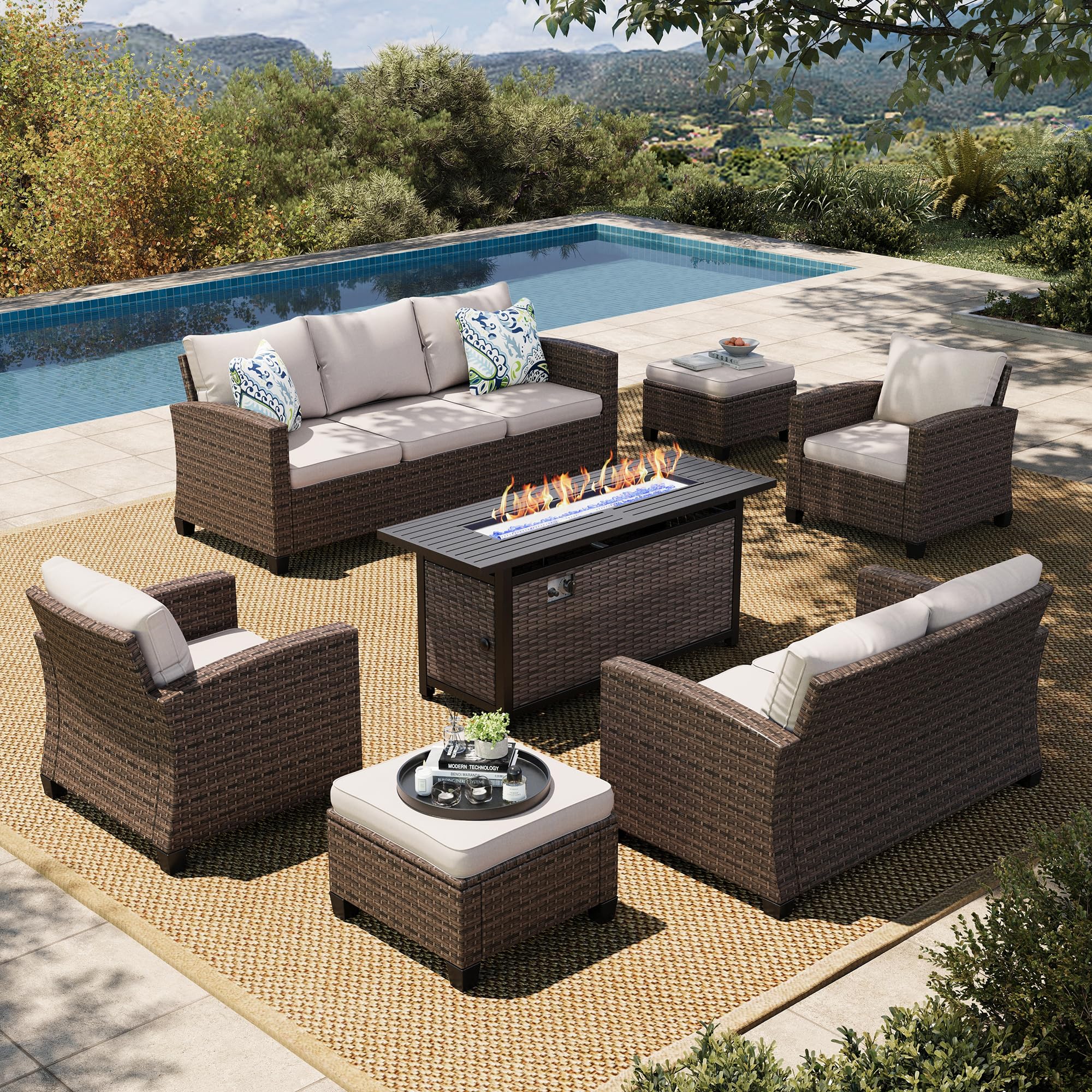 HERA'S HOUSE Patio Furniture Set with 56" Fire Pit Table, Outdoor Patio Conversation Sets, 6 Pieces 7 Seats Wicker Outside Sectional Sofa Set for Lawn Backyard Deck - The Cozy Corner