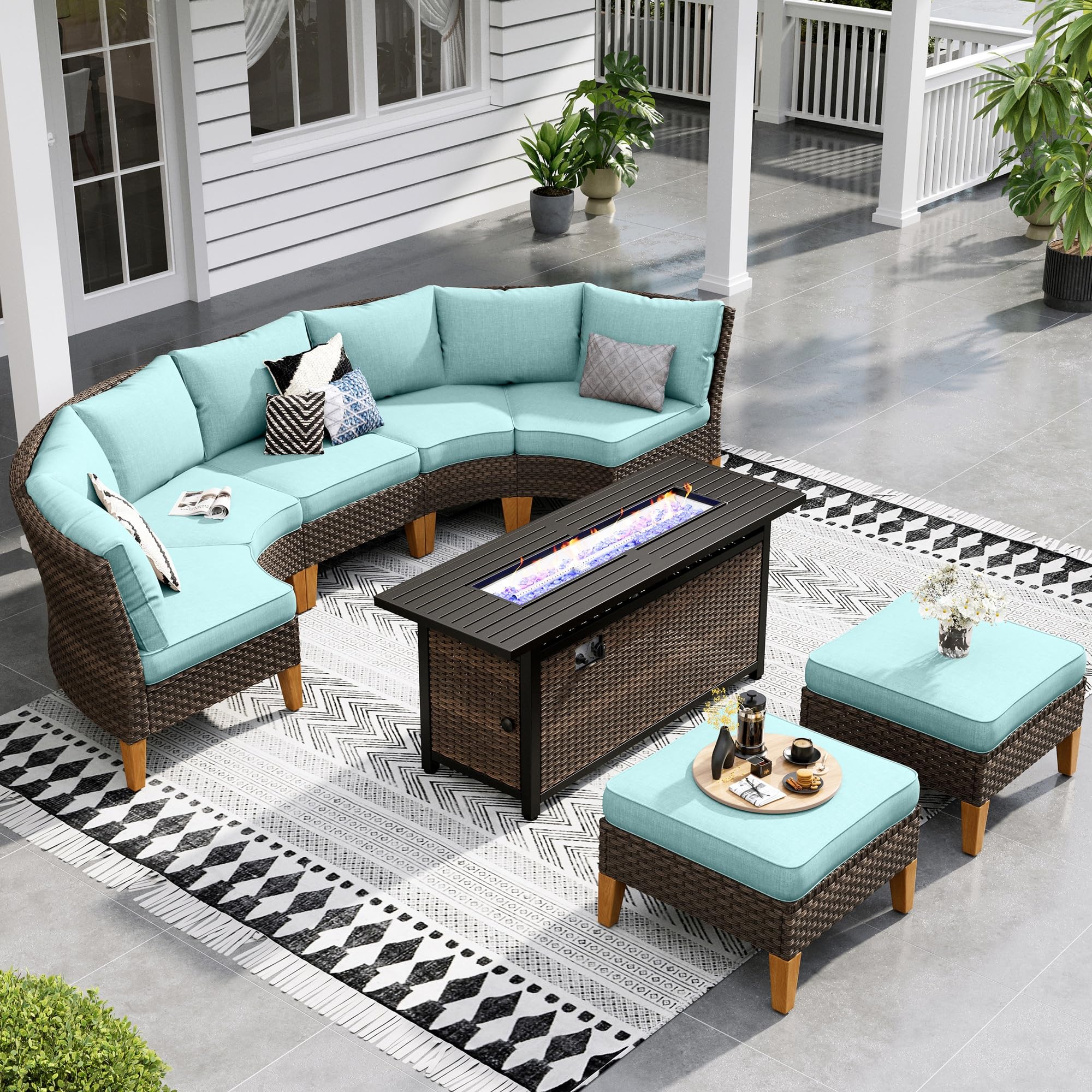Sophia & William Patio Furniture Set with Fire Pit Table, 8 Piece Half Moon Outdoor Wicker Sectional Sofa Set, Rattan Conversation Set with 56 - Inch Fire Pit Table & Ottoman (Aqua Blue) - The Cozy Corner