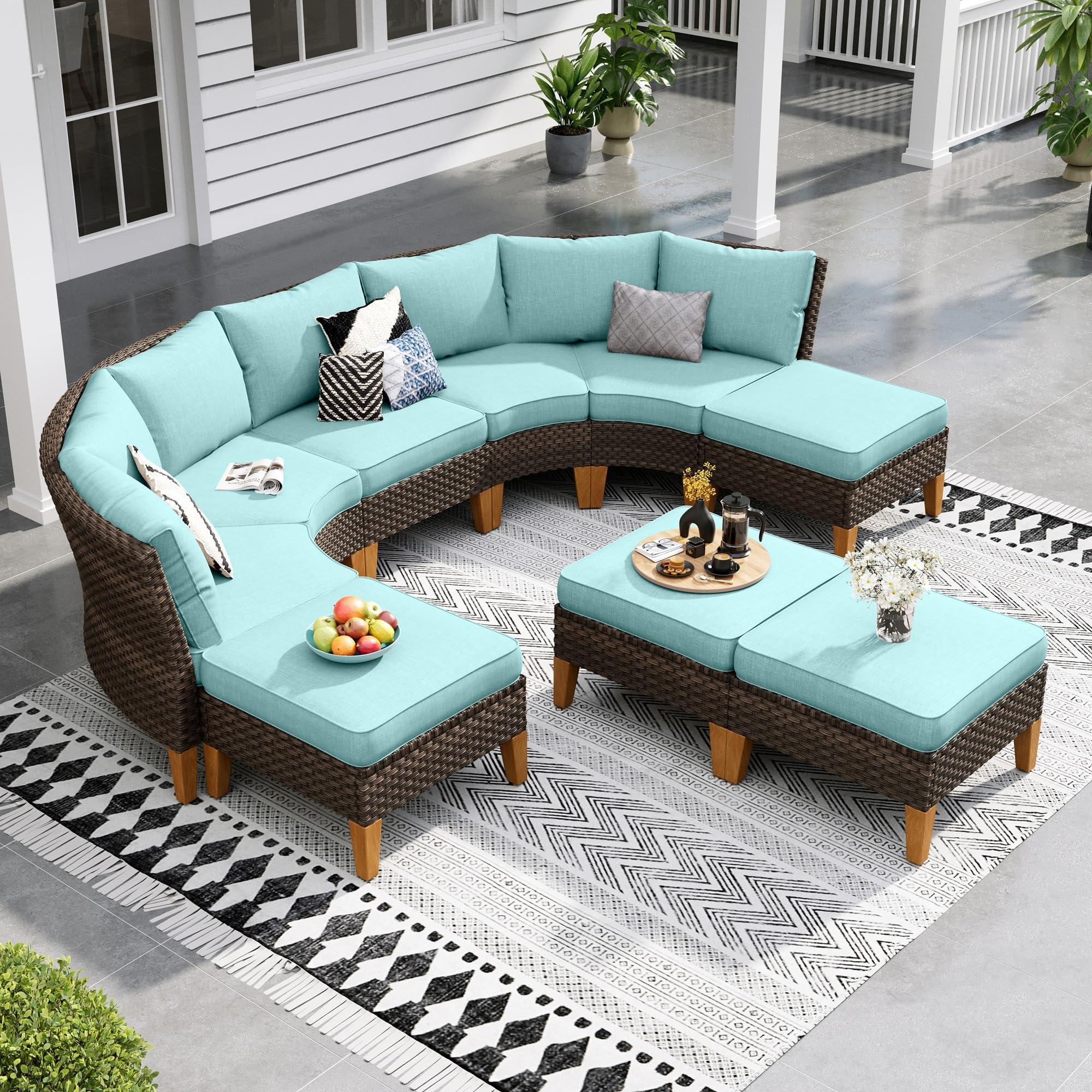 Sophia & William Patio Furniture Set with Fire Pit Table, 8 Piece Half Moon Outdoor Wicker Sectional Sofa Set, Rattan Conversation Set with 56 - Inch Fire Pit Table & Ottoman (Aqua Blue) - The Cozy Corner