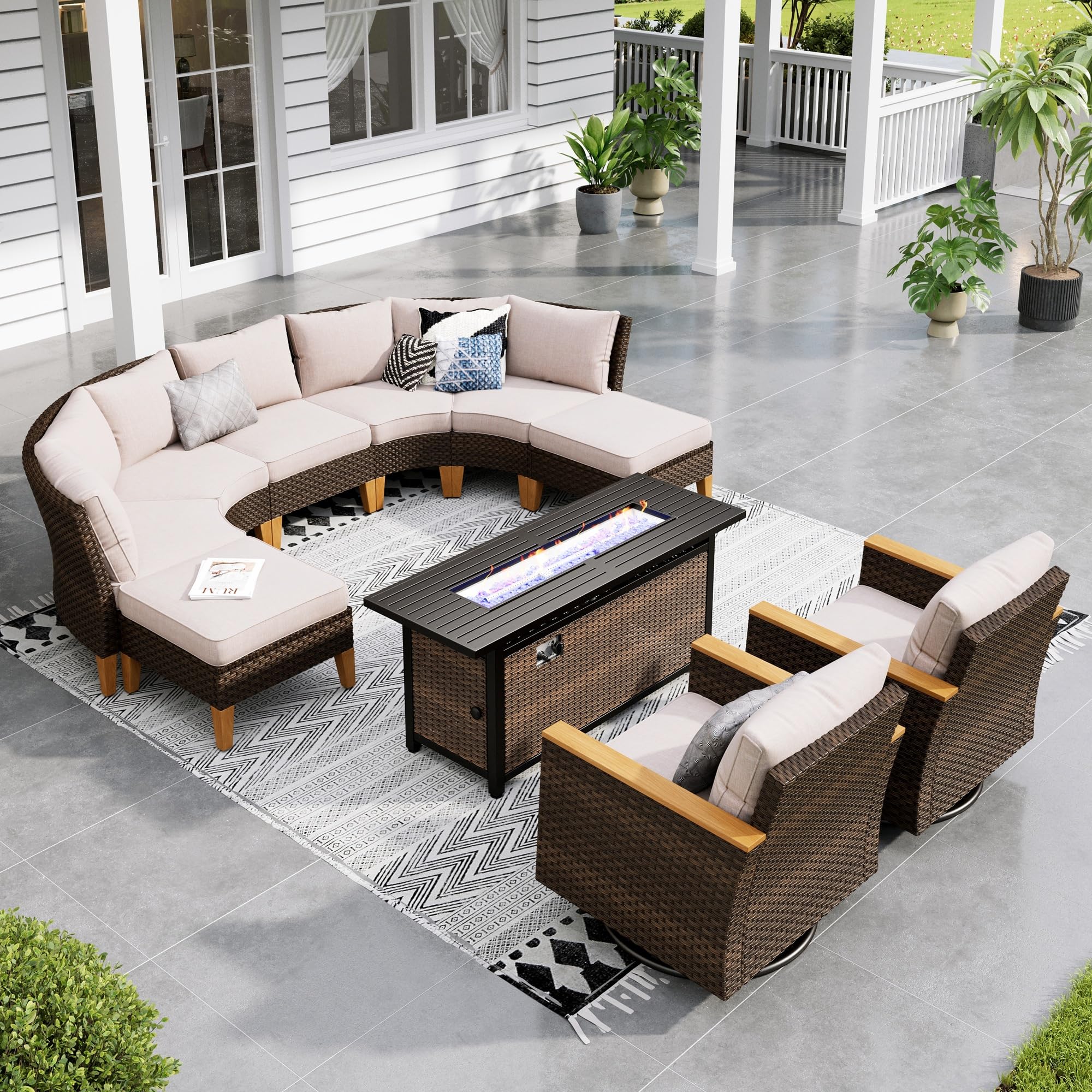 Sophia & William Patio Furniture Set with Fire Pit Table, 8 Piece Half Moon Outdoor Wicker Sectional Sofa Set, Rattan Conversation Set with 56 - Inch Fire Pit Table & Ottoman (Aqua Blue) - The Cozy Corner