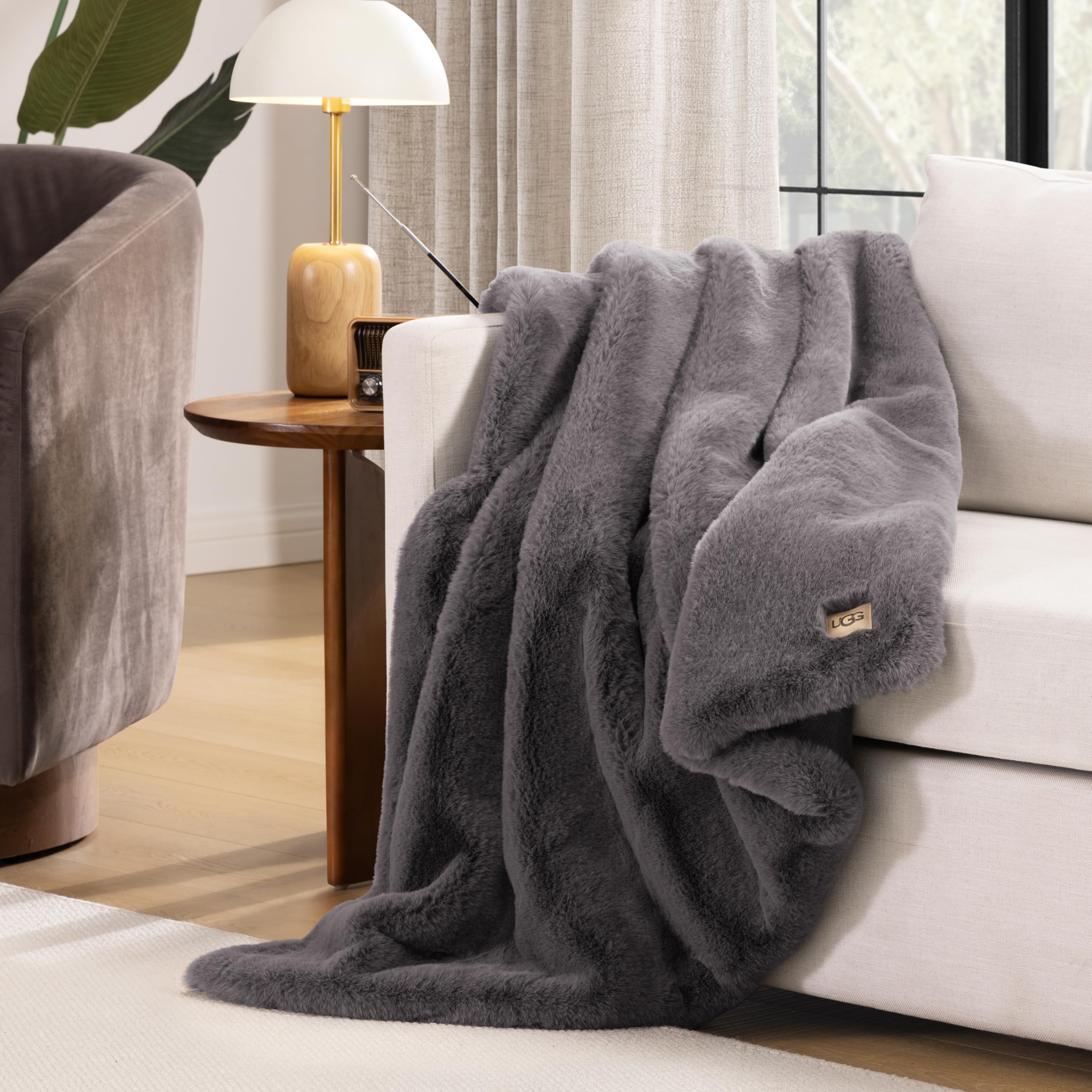 UGG Euphoria Faux Fur Throw Blanket, Oversized Soft Throw for Couch or Bed, Luxury Room Decor, Giftable Fuzzy Blankets, Machine Washable, 50 - inch x 70 - inch, Chambray Blue Grey - The Cozy Corner