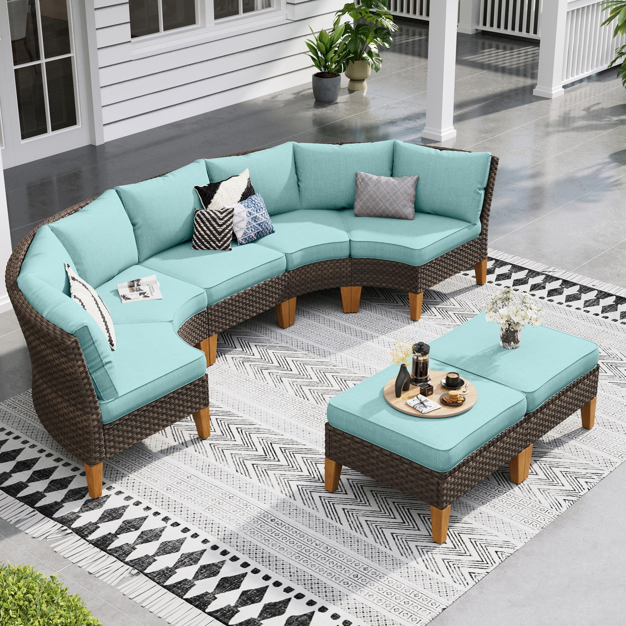 Sophia & William Patio Furniture Set with Fire Pit Table, 8 Piece Half Moon Outdoor Wicker Sectional Sofa Set, Rattan Conversation Set with 56 - Inch Fire Pit Table & Ottoman (Aqua Blue) - The Cozy Corner