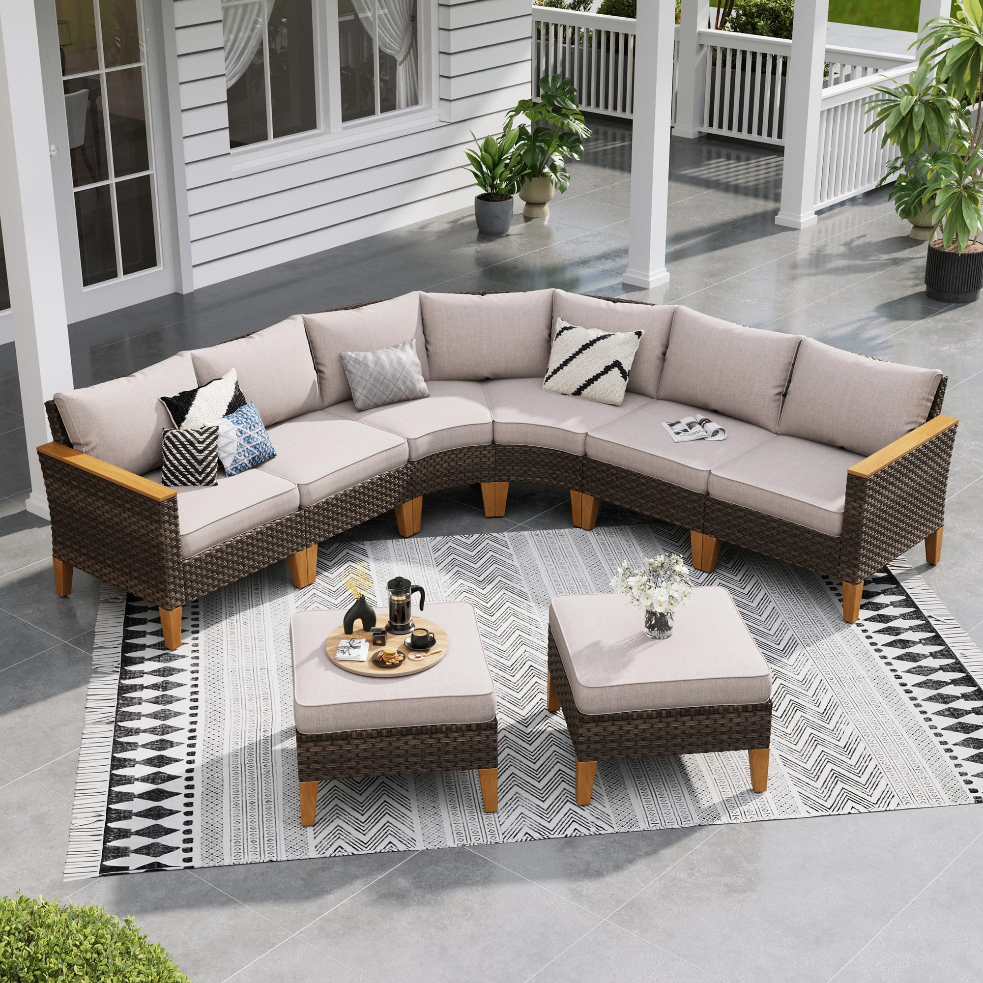 Sophia & William Patio Furniture Set with Fire Pit Table, 8 Piece Half Moon Outdoor Wicker Sectional Sofa Set, Rattan Conversation Set with 56 - Inch Fire Pit Table & Ottoman (Aqua Blue) - The Cozy Corner