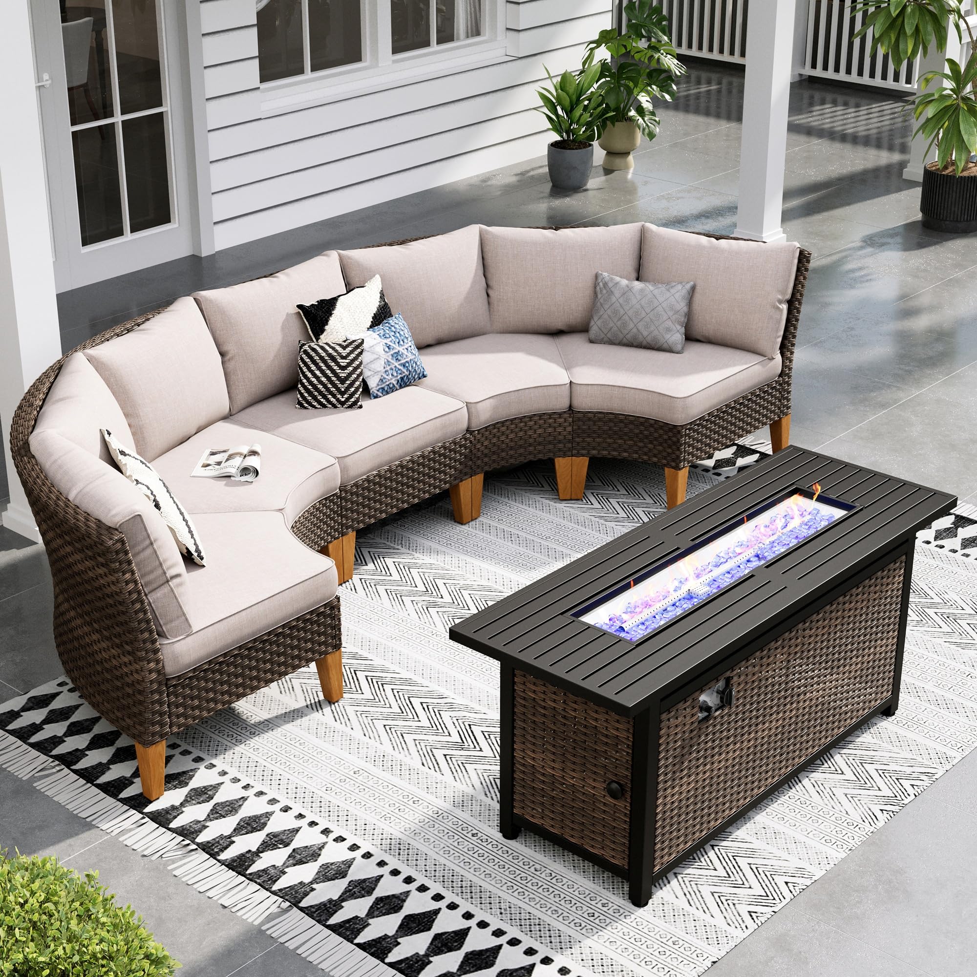 Sophia & William Patio Furniture Set with Fire Pit Table, 8 Piece Half Moon Outdoor Wicker Sectional Sofa Set, Rattan Conversation Set with 56 - Inch Fire Pit Table & Ottoman (Aqua Blue) - The Cozy Corner