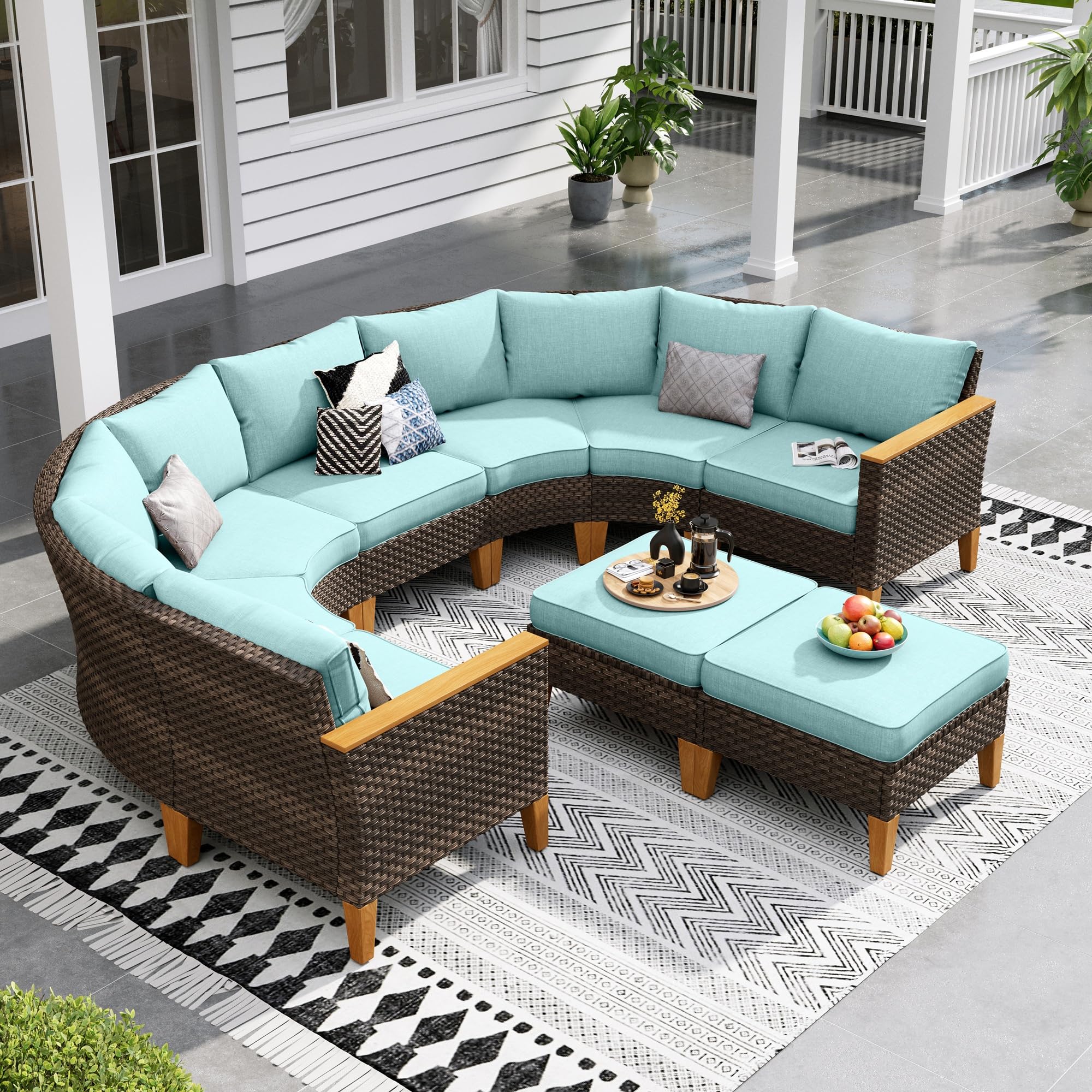 Sophia & William Patio Furniture Set with Fire Pit Table, 8 Piece Half Moon Outdoor Wicker Sectional Sofa Set, Rattan Conversation Set with 56 - Inch Fire Pit Table & Ottoman (Aqua Blue) - The Cozy Corner