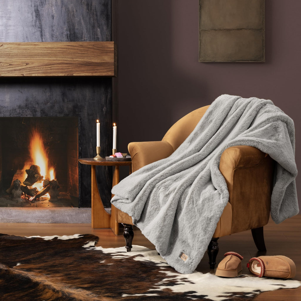 UGG Euphoria Faux Fur Throw Blanket, Oversized Soft Throw for Couch or Bed, Luxury Room Decor, Giftable Fuzzy Blankets, Machine Washable, 50 - inch x 70 - inch, Chambray Blue Grey - The Cozy Corner