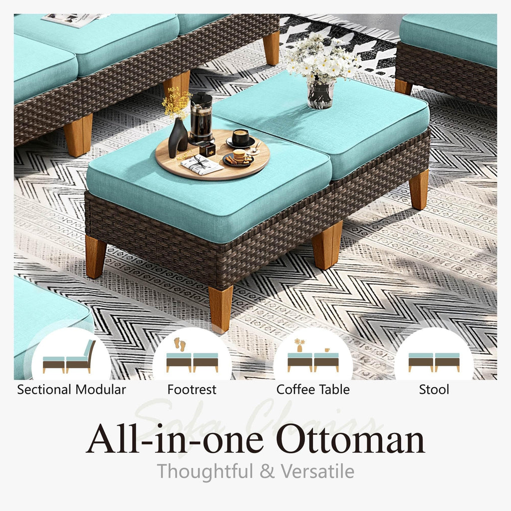 Sophia & William Patio Furniture Set with Fire Pit Table, 8 Piece Half Moon Outdoor Wicker Sectional Sofa Set, Rattan Conversation Set with 56 - Inch Fire Pit Table & Ottoman (Aqua Blue) - The Cozy Corner