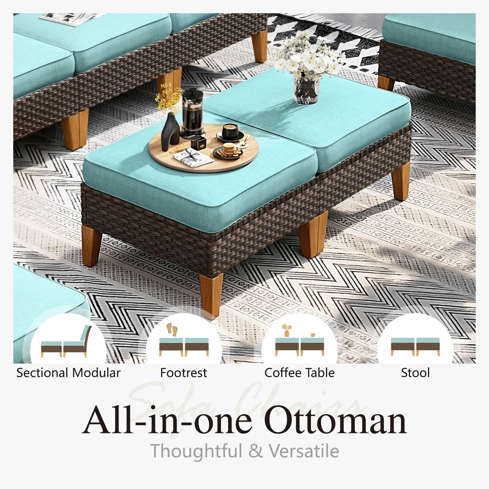 Sophia & William Patio Furniture Set with Fire Pit Table, 8 Piece Half Moon Outdoor Wicker Sectional Sofa Set, Rattan Conversation Set with 56 - Inch Fire Pit Table & Ottoman (Aqua Blue) - The Cozy Corner