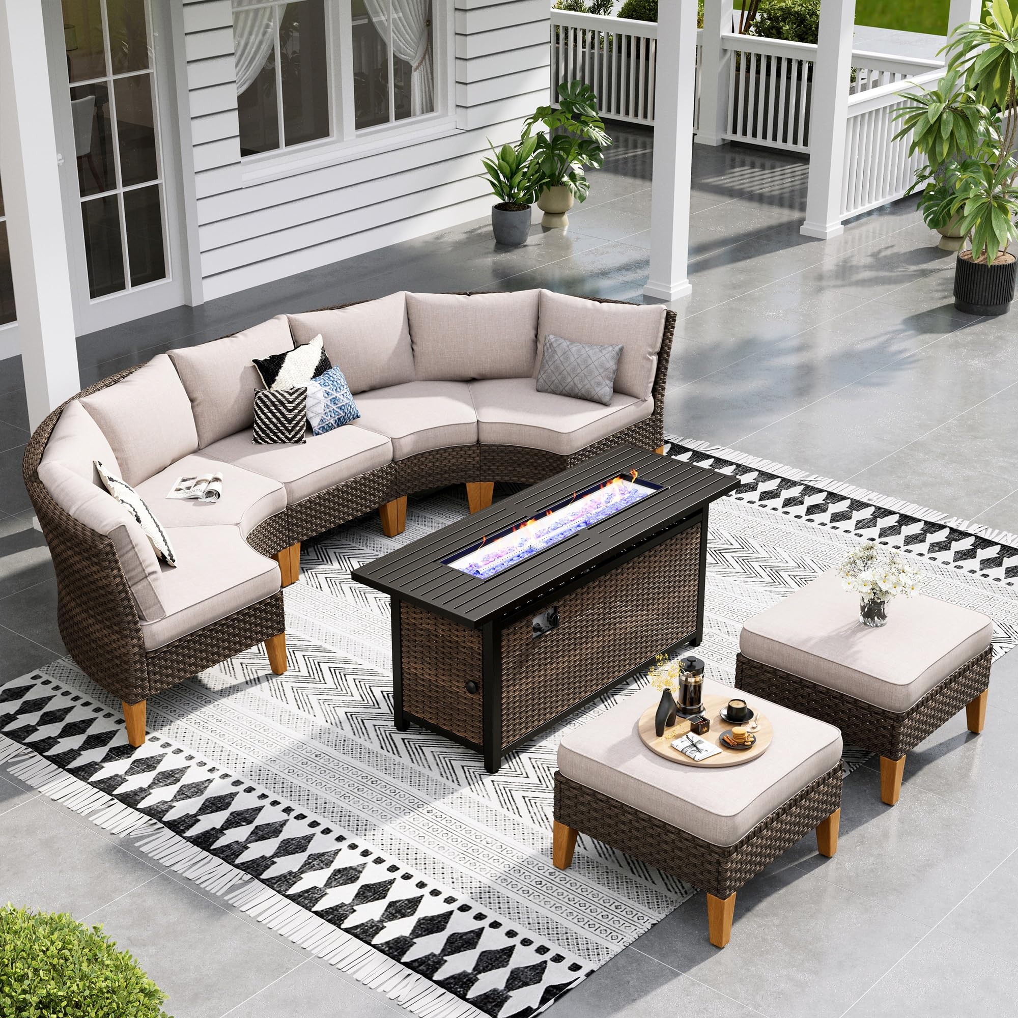 Sophia & William Patio Furniture Set with Fire Pit Table, 8 Piece Half Moon Outdoor Wicker Sectional Sofa Set, Rattan Conversation Set with 56 - Inch Fire Pit Table & Ottoman (Aqua Blue) - The Cozy Corner