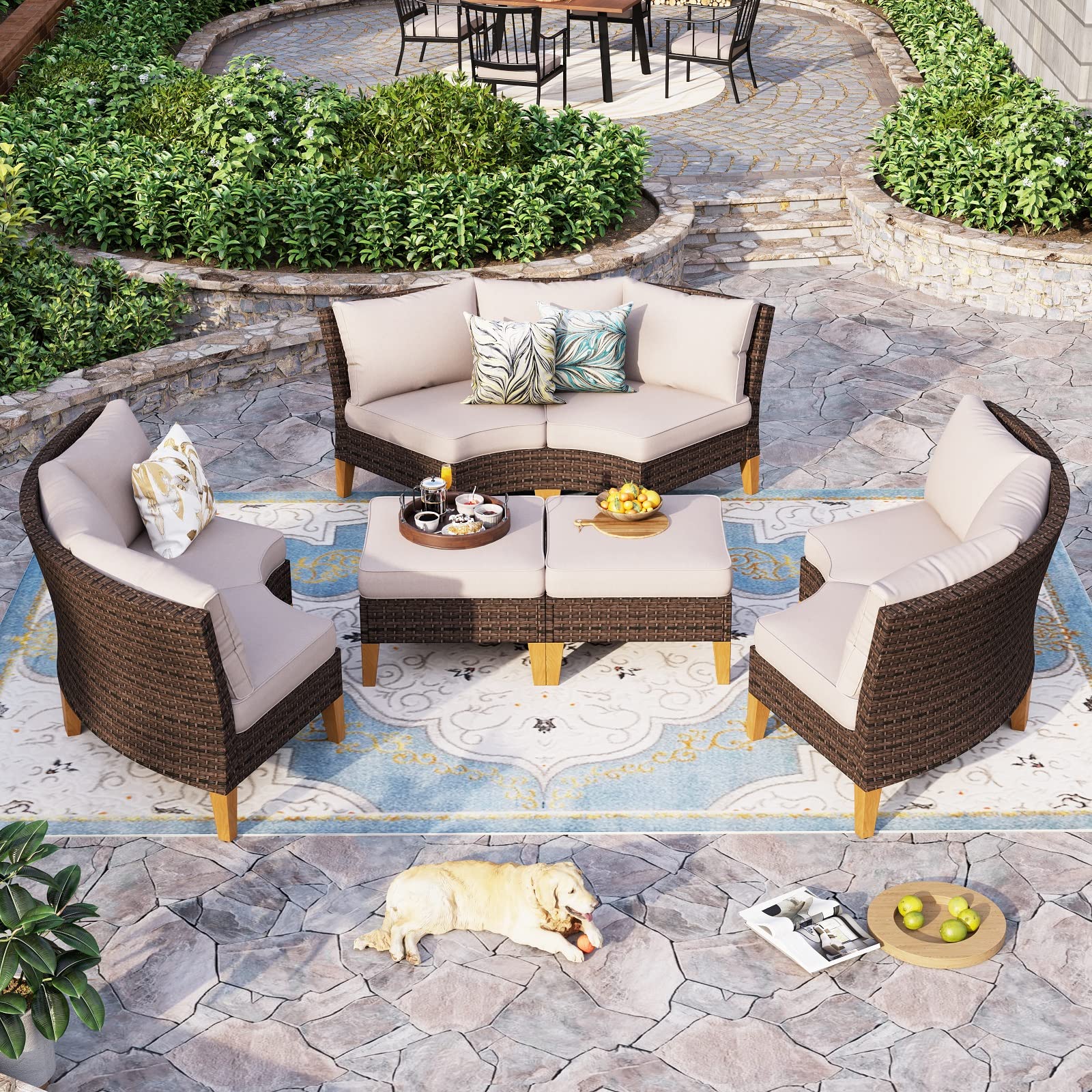 Sophia & William Patio Furniture Set with Fire Pit Table, 8 Piece Half Moon Outdoor Wicker Sectional Sofa Set, Rattan Conversation Set with 56 - Inch Fire Pit Table & Ottoman (Aqua Blue) - The Cozy Corner