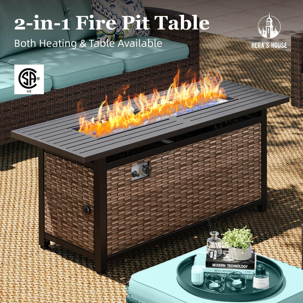HERA'S HOUSE Patio Furniture Set with 56" Fire Pit Table, Outdoor Patio Conversation Sets, 6 Pieces 7 Seats Wicker Outside Sectional Sofa Set for Lawn Backyard Deck - The Cozy Corner