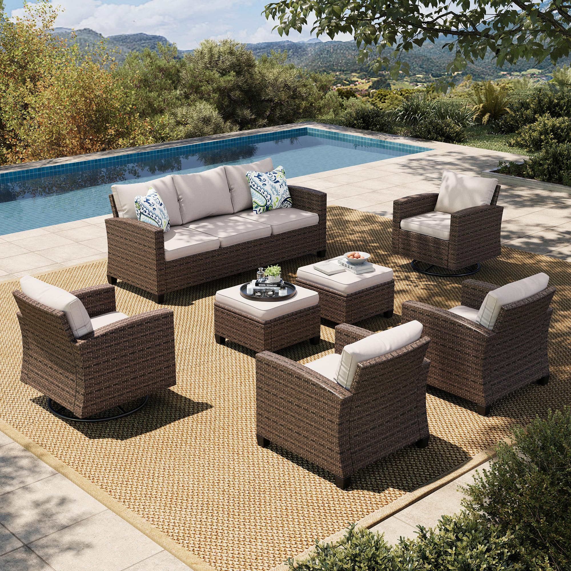 HERA'S HOUSE Patio Furniture Set with 56" Fire Pit Table, Outdoor Patio Conversation Sets, 6 Pieces 7 Seats Wicker Outside Sectional Sofa Set for Lawn Backyard Deck - The Cozy Corner