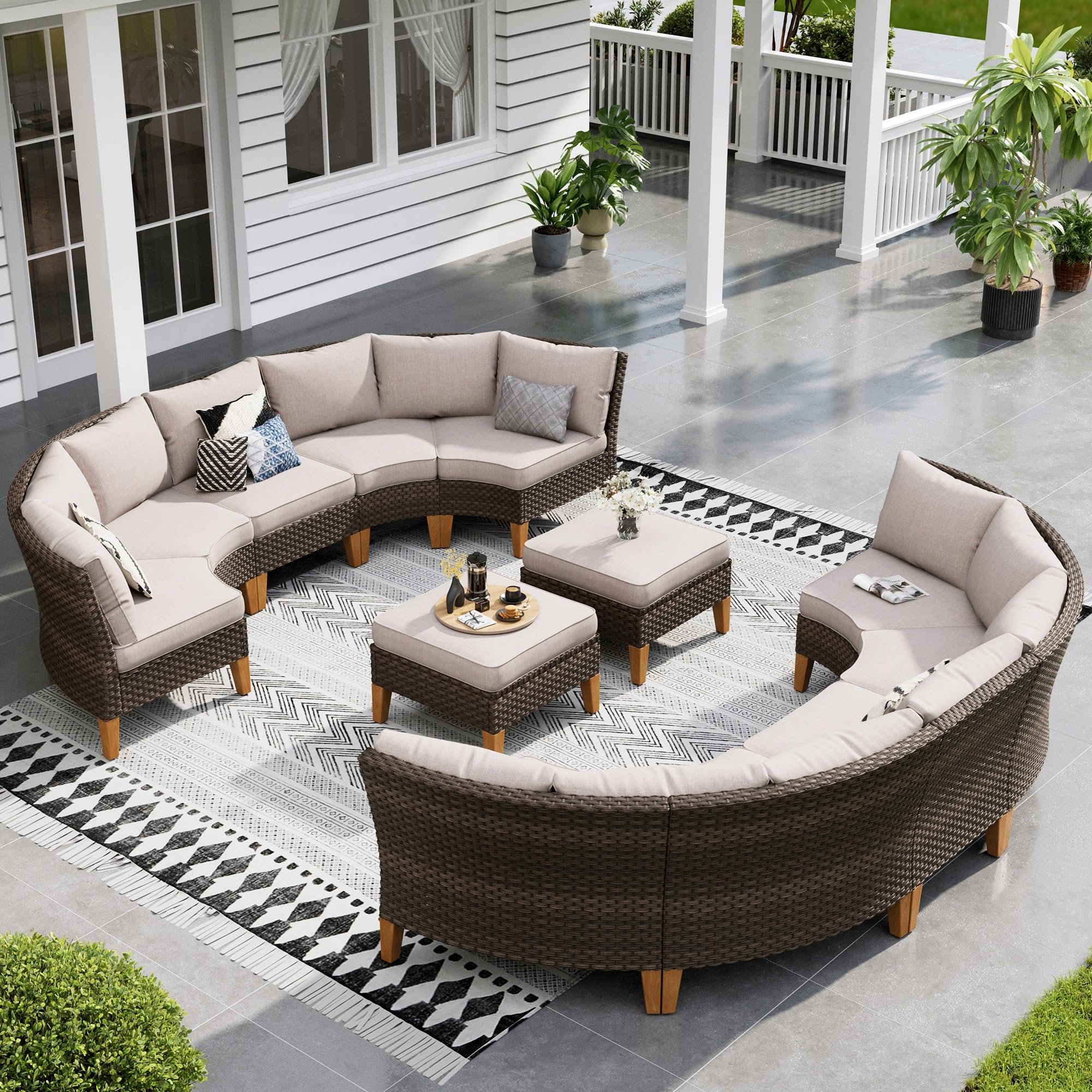 Sophia & William Patio Furniture Set with Fire Pit Table, 8 Piece Half Moon Outdoor Wicker Sectional Sofa Set, Rattan Conversation Set with 56 - Inch Fire Pit Table & Ottoman (Aqua Blue) - The Cozy Corner