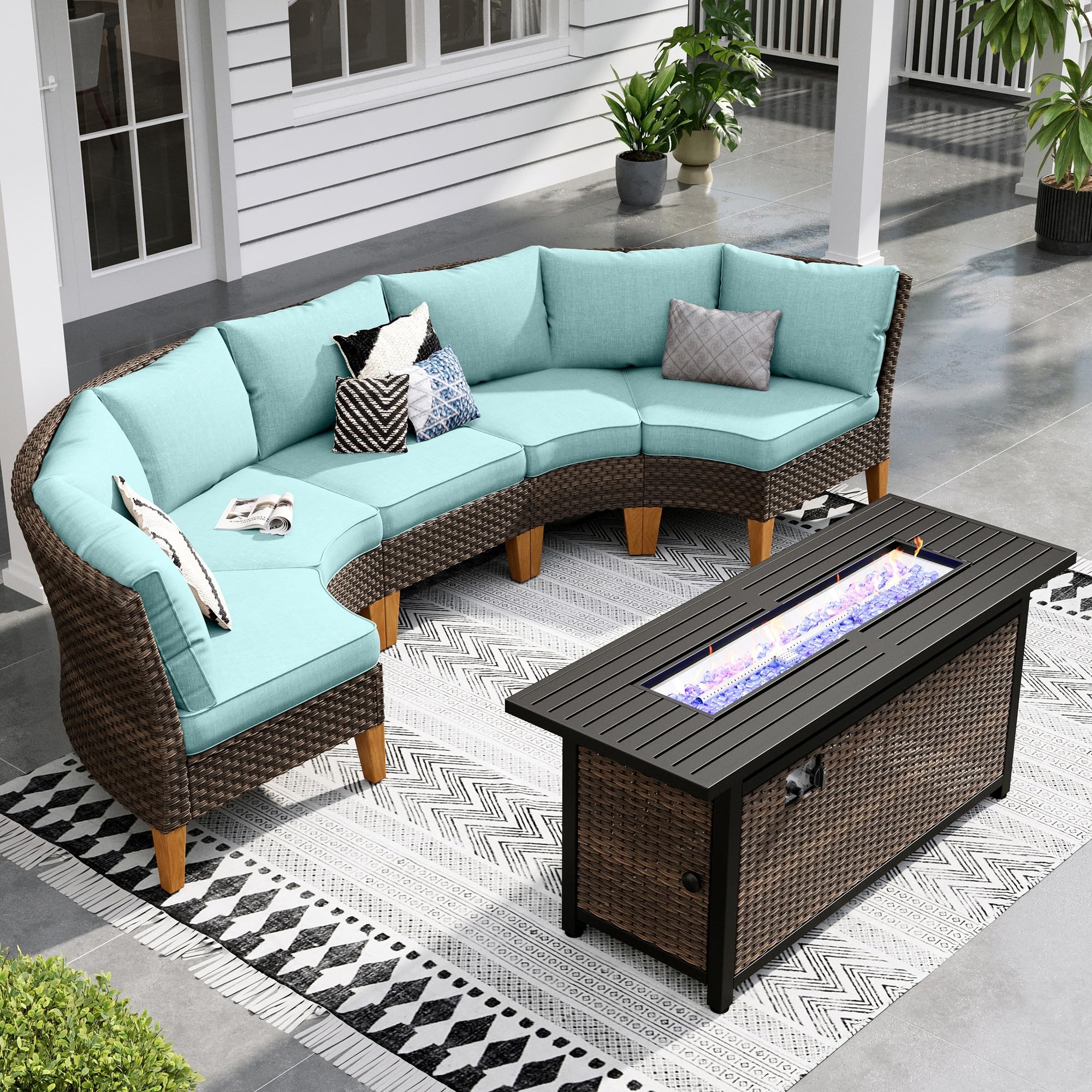 Sophia & William Patio Furniture Set with Fire Pit Table, 8 Piece Half Moon Outdoor Wicker Sectional Sofa Set, Rattan Conversation Set with 56 - Inch Fire Pit Table & Ottoman (Aqua Blue) - The Cozy Corner