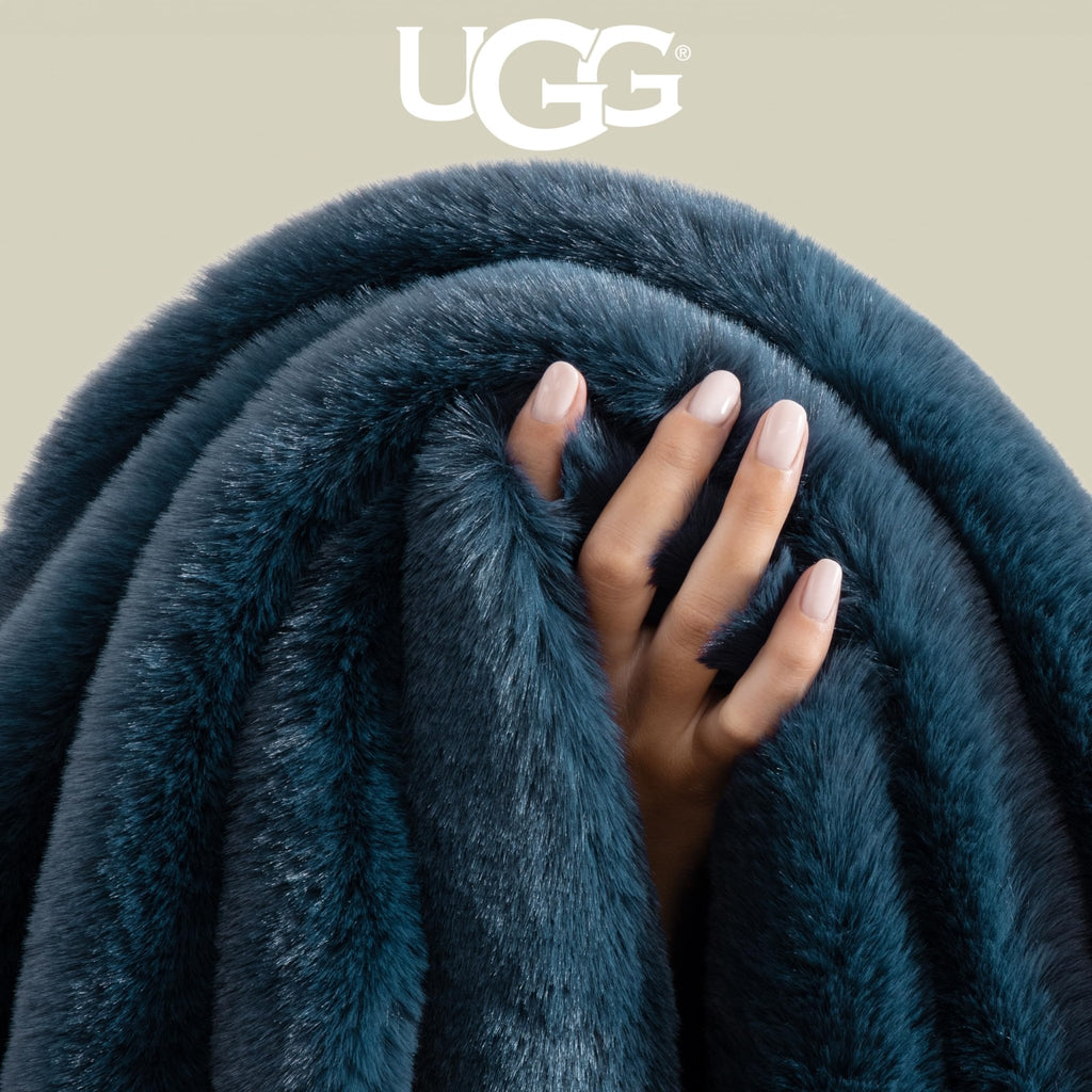 UGG Euphoria Faux Fur Throw Blanket, Oversized Soft Throw for Couch or Bed, Luxury Room Decor, Giftable Fuzzy Blankets, Machine Washable, 50 - inch x 70 - inch, Chambray Blue Grey - The Cozy Corner