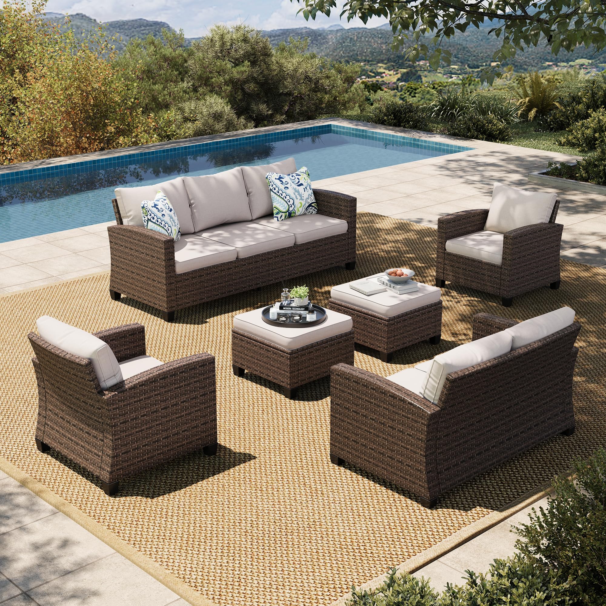 HERA'S HOUSE Patio Furniture Set with 56" Fire Pit Table, Outdoor Patio Conversation Sets, 6 Pieces 7 Seats Wicker Outside Sectional Sofa Set for Lawn Backyard Deck - The Cozy Corner
